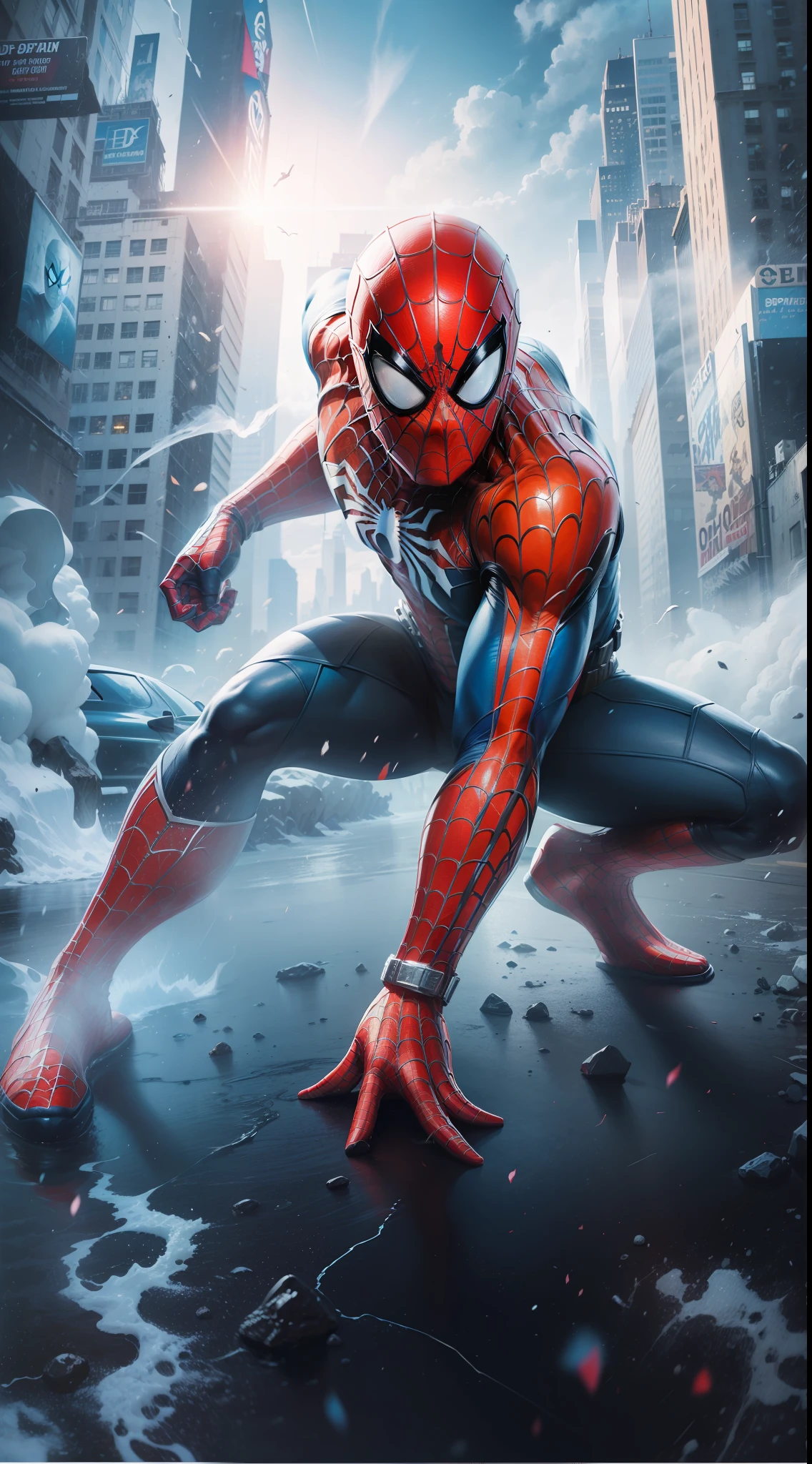 Comic style + hyper-realistic oil painting, full-body cinematic poster of Spider-Man in dynamic pose. Cinematic, highly detailed, detailed face, realistic, black background with cinematic new york, vibrant colors.