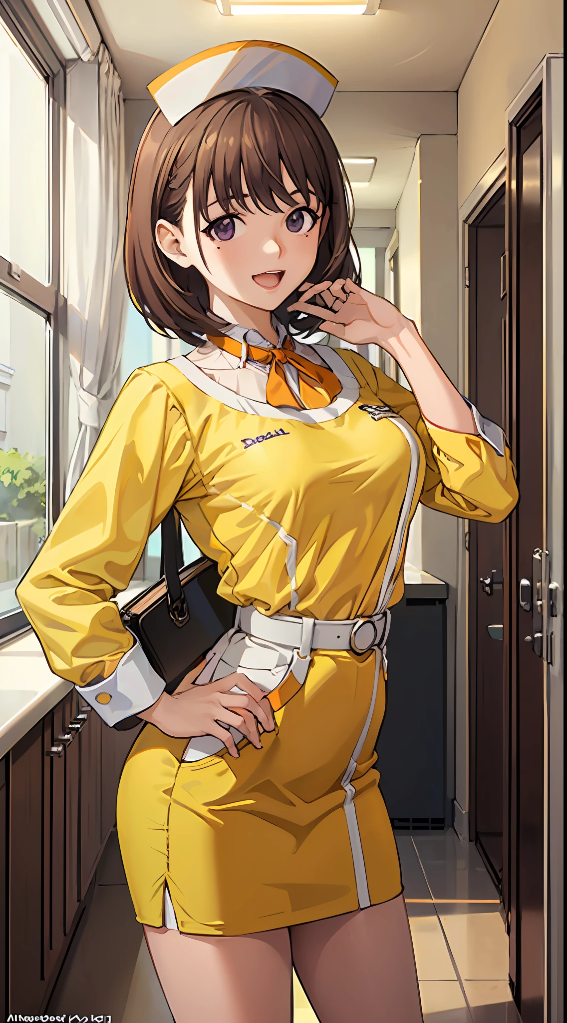 Big anime girl posing in front of window、((Waitress Uniform:1.2)))、((Yellow Uniform)), ((Yellow sleeves)), ((Yellow tight skirt)), ((Orange tie)), ((White apron with pockets)), (((The best smile with a little open mouth)))、((Upper))、((Focus on people))、((Purple eyes)), ((Brown hair))、((View diagonally from the right))、((Wave your right hand))、((Holding the tray in your left hand)), Seductive anime girl、Best anime 4k Konachan wallpapers、Charming anime girl、4k anime wallpaper、Detailed Digital Anime Art、Anime Best Girl、Beautiful anime girls、Detailed anime artwork、Beautiful charming anime woman