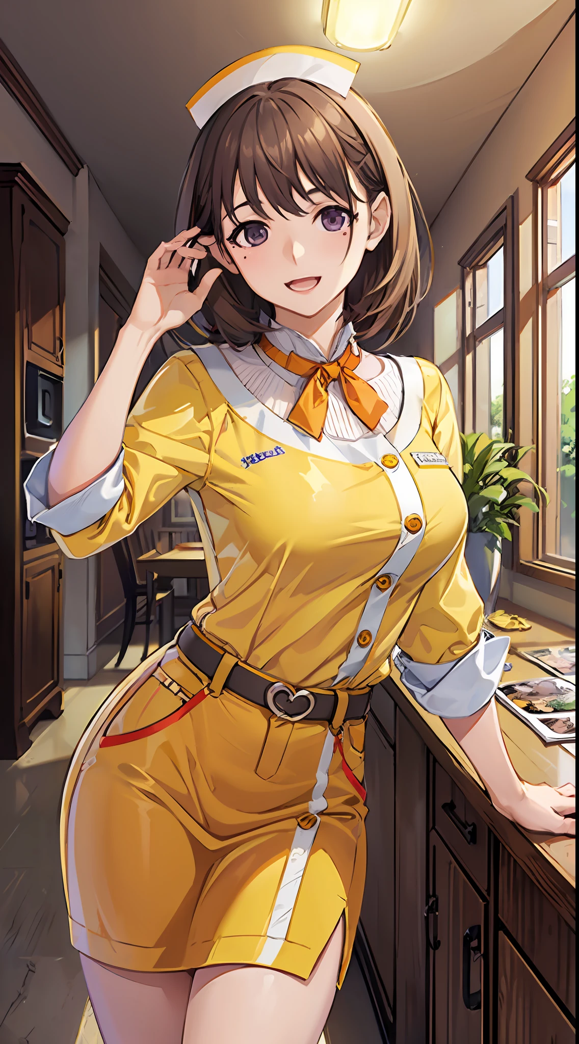 Big anime girl posing in front of window、((Waitress Uniform:1.2)))、((Yellow Uniform)), ((Yellow sleeves)), ((Yellow tight skirt)), ((Orange tie)), ((White apron with pockets)), (((The best smile with a little open mouth)))、((Upper))、((Focus on people))、((Purple eyes)), ((Brown hair))、((View diagonally from the right))、((Wave your right hand))、((Holding the tray in your left hand)), Seductive anime girl、Best anime 4k Konachan wallpapers、Charming anime girl、4k anime wallpaper、Detailed Digital Anime Art、Anime Best Girl、Beautiful anime girls、Detailed anime artwork、Beautiful charming anime woman