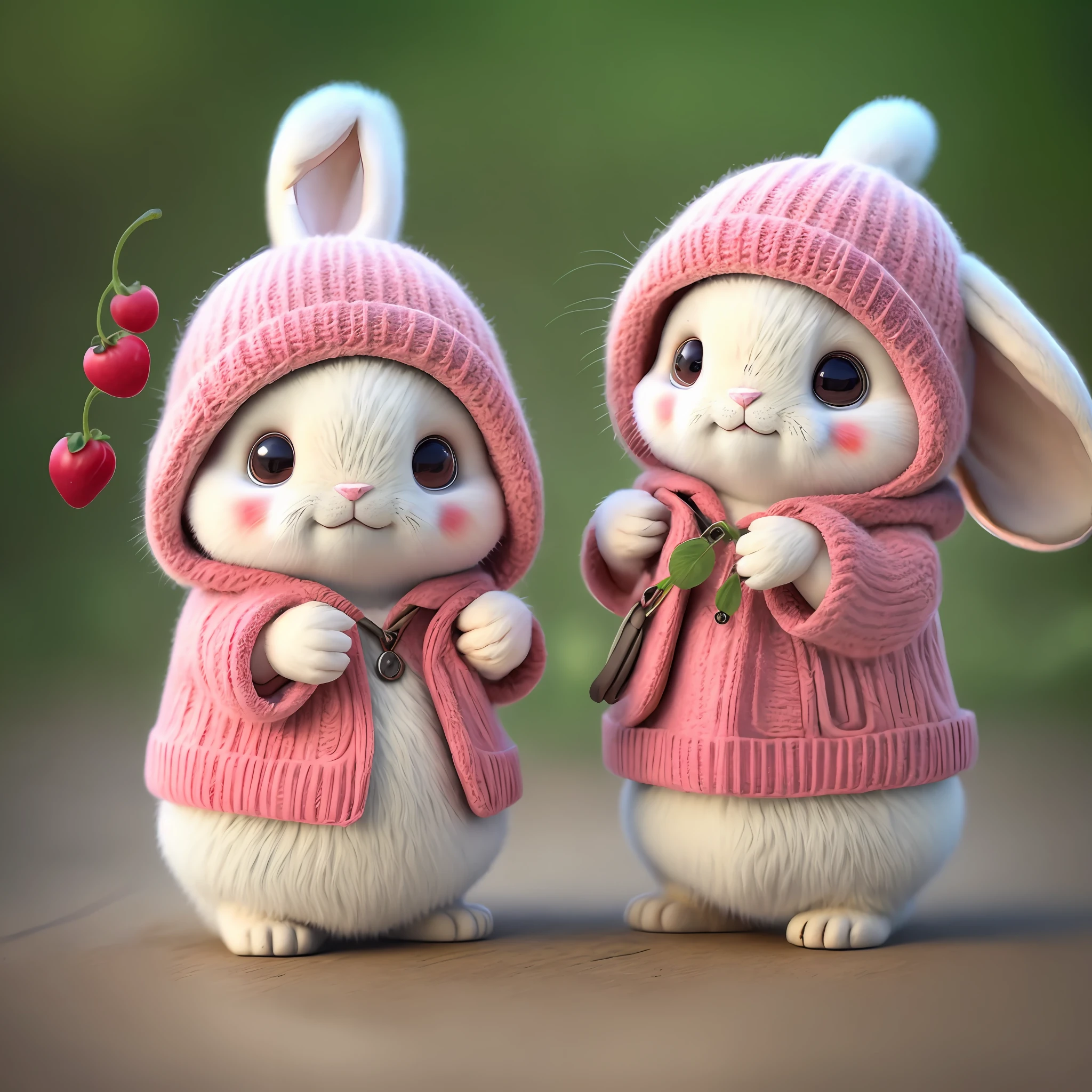 :3. Rabbit, realistic, hairy, clothed animal, apple, bear, teak, cherry, food, fruit, full body, hat, non-human, strawberry, tomato, watermelon