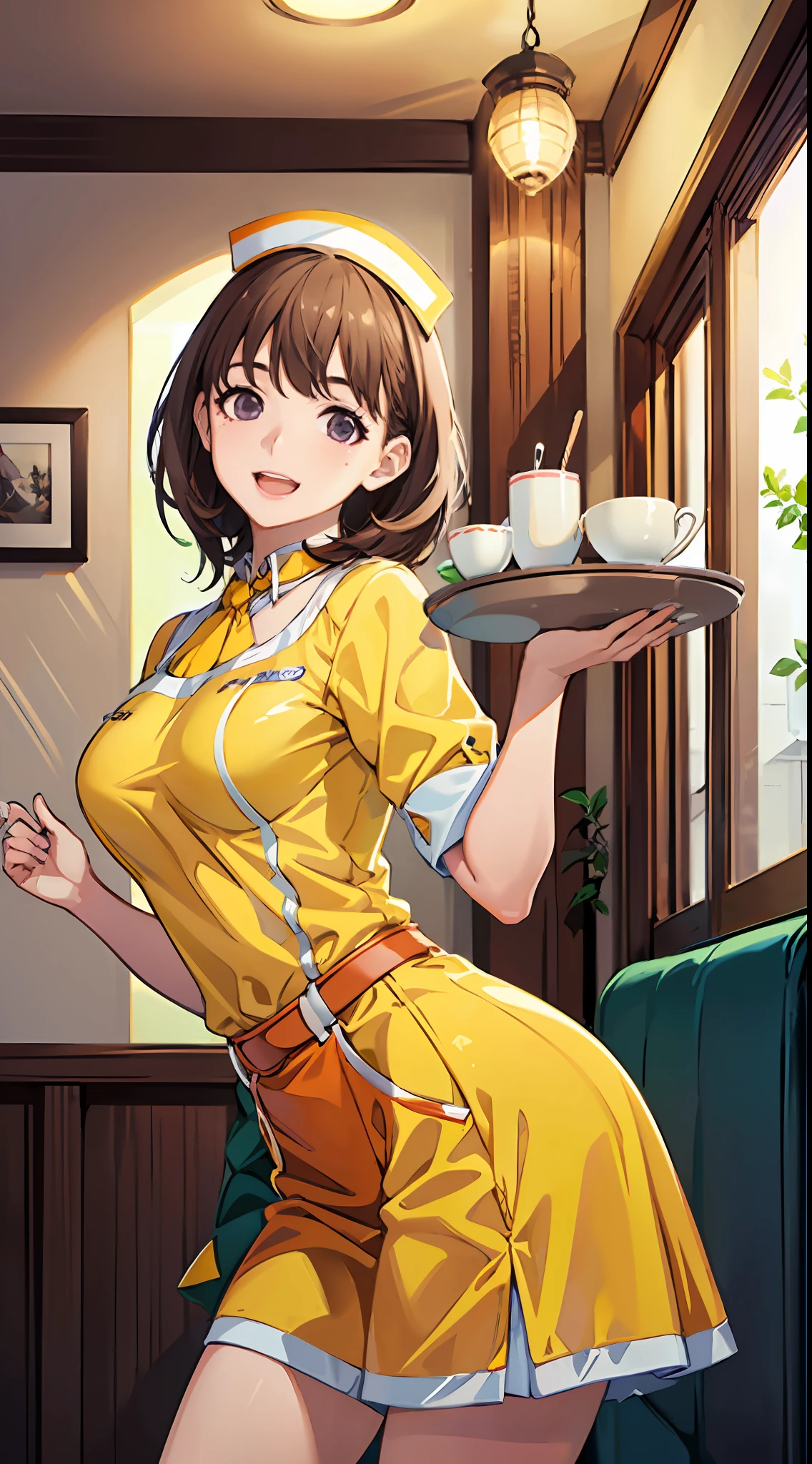 Big anime girl posing in front of window、((Waitress Uniform:1.2)))、((Yellow Uniform)), ((Yellow sleeves)), ((Yellow tight skirt)), ((Orange tie)), ((White apron with pockets)), (((The best smile with a little open mouth)))、((Upper))、((Focus on people))、((Purple eyes)), ((Brown hair))、((View diagonally from the right))、((Wave your right hand))、((Holding the tray in your left hand)), Seductive anime girl、Best anime 4k Konachan wallpapers、Charming anime girl、4k anime wallpaper、Detailed Digital Anime Art、Anime Best Girl、Beautiful anime girls、Detailed anime artwork、Beautiful charming anime woman