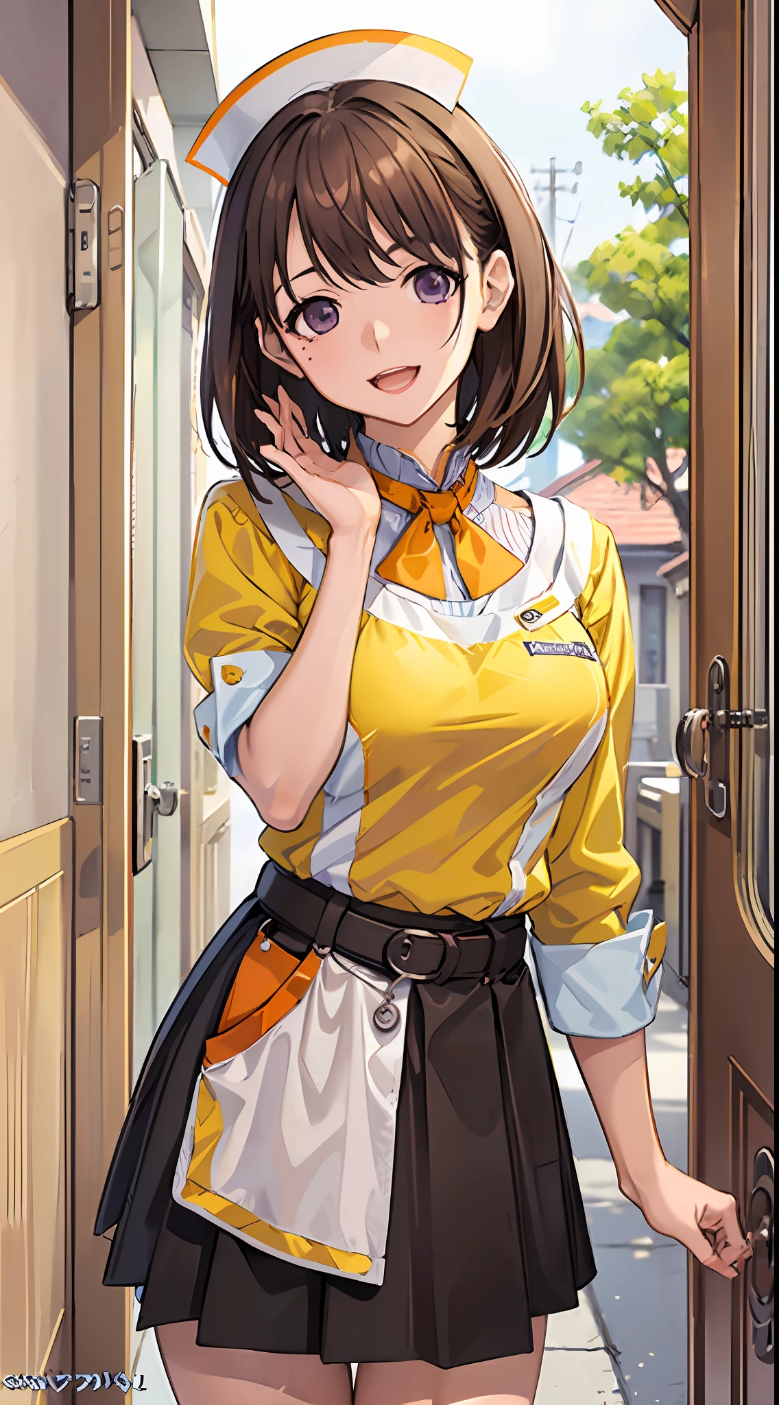 Big anime girl posing in front of window、((Waitress Uniform:1.2)))、((Yellow Uniform)), ((Yellow sleeves)), ((Yellow tight skirt)), ((Orange tie)), ((White apron with pockets)), (((The best smile with a little open mouth)))、((Upper))、((Focus on people))、((Purple eyes)), ((Brown hair))、((View diagonally from the right))、((Wave your right hand))、((Holding the tray in your left hand)), Seductive anime girl、Best anime 4k Konachan wallpapers、Charming anime girl、4k anime wallpaper、Detailed Digital Anime Art、Anime Best Girl、Beautiful anime girls、Detailed anime artwork、Beautiful charming anime woman