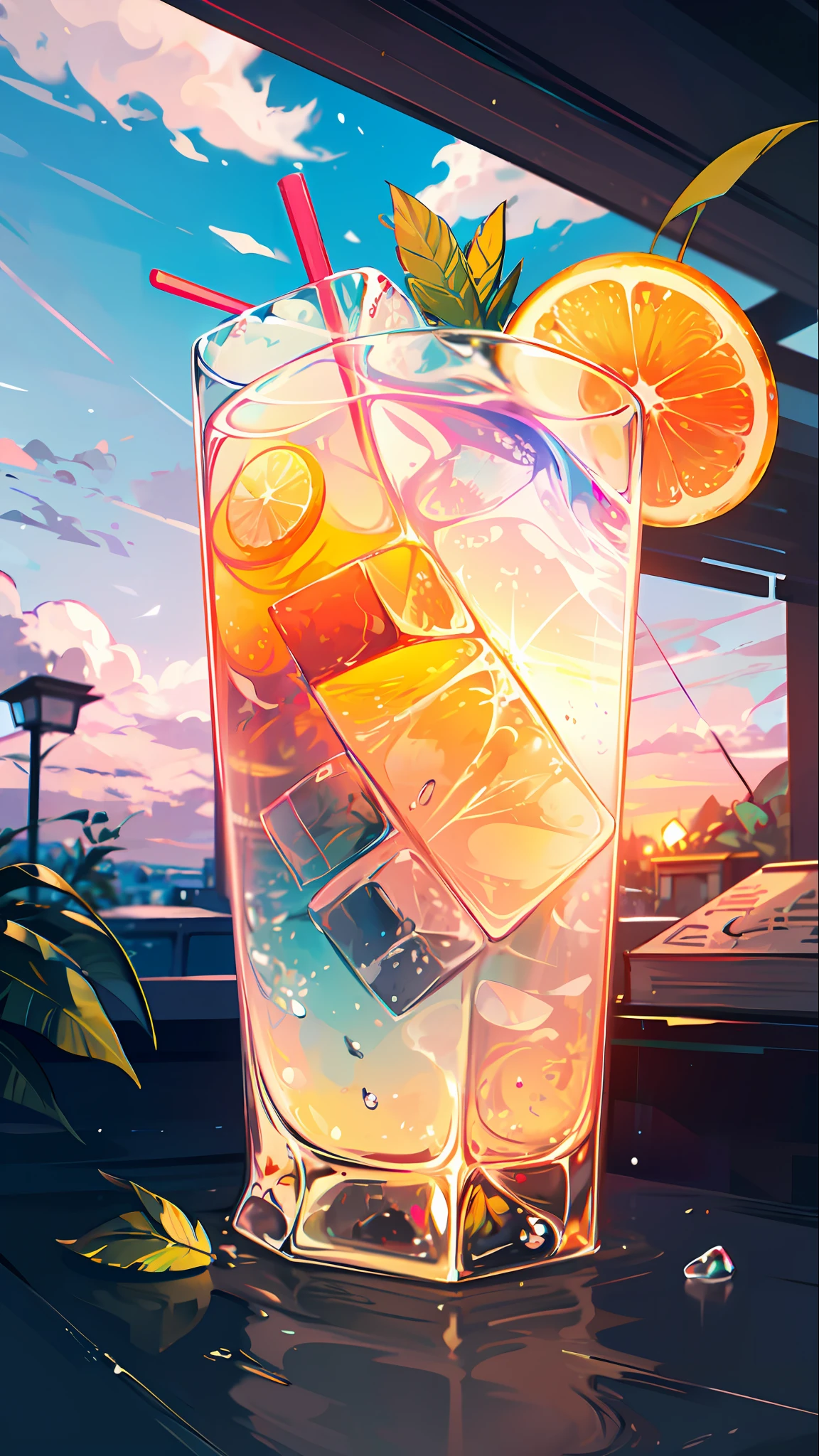 No Man, Lemonmint Drink, Yellow to Blue, Cool, Colored Straws, Ice Cubes, Green Leaves, Outdoor, Clear Blue Sky, Beautiful Clouds --auto
