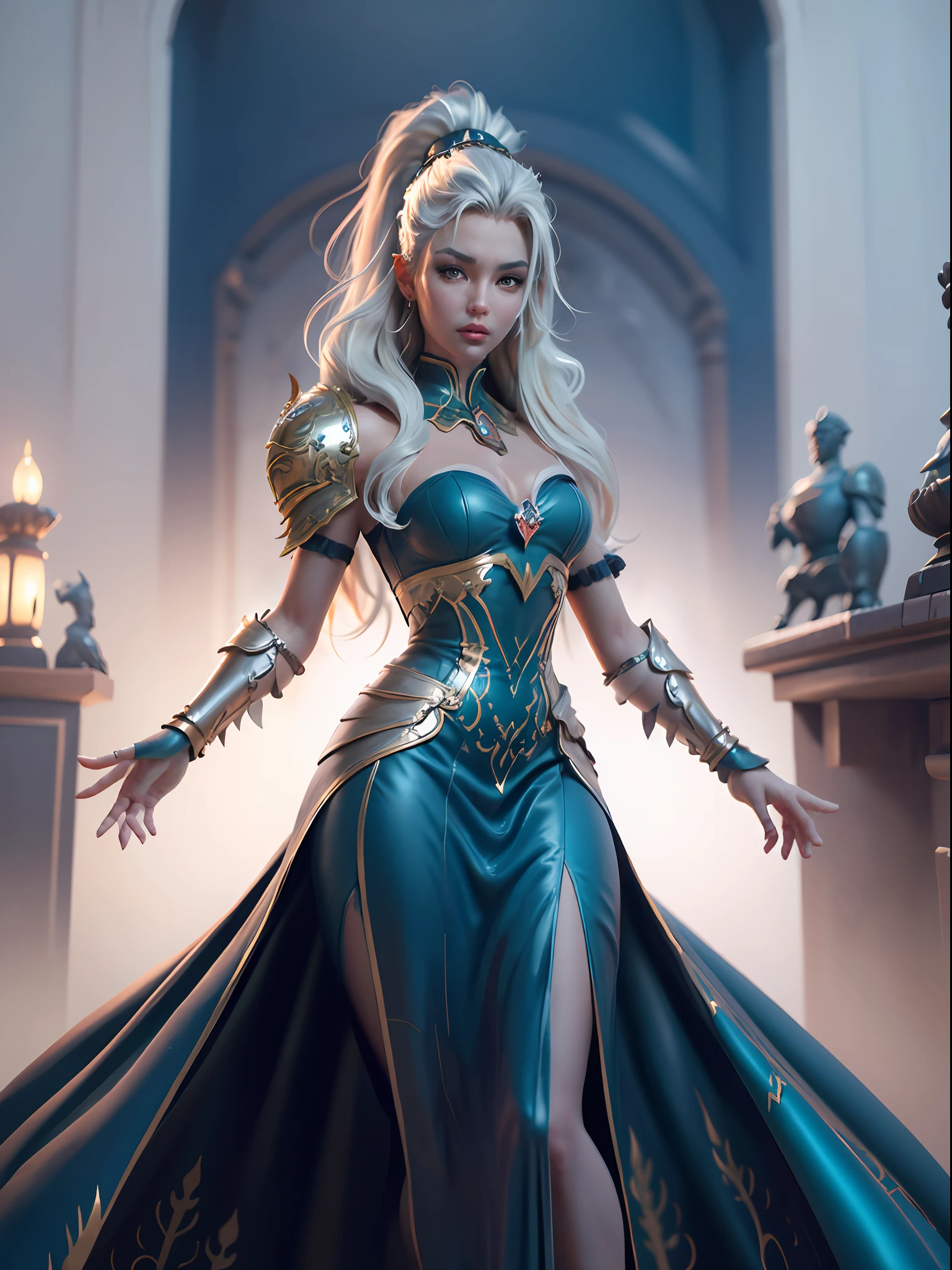 close-up of Britney Spears in a silver and blue dress, chengwei pan on artstation, by Yang J, detailed fantasy art, stunning character art, fanart best artstation, epic and exquisite character art, beautiful armor, extremely detailed art, detailed digital anime art, artgerm on artstation pixiv, girl in armor