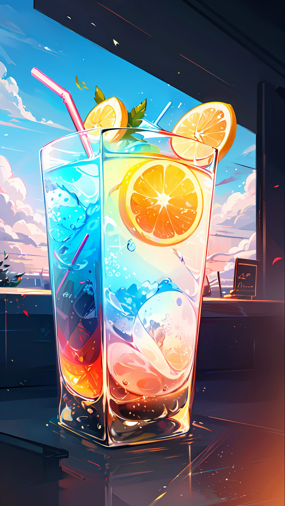 No Man, Lemonmint Drink, Yellow to Blue, Cool, Colored Straws, Ice Cubes, Green Leaves, Outdoor, Clear Blue Sky, Beautiful Clouds --auto