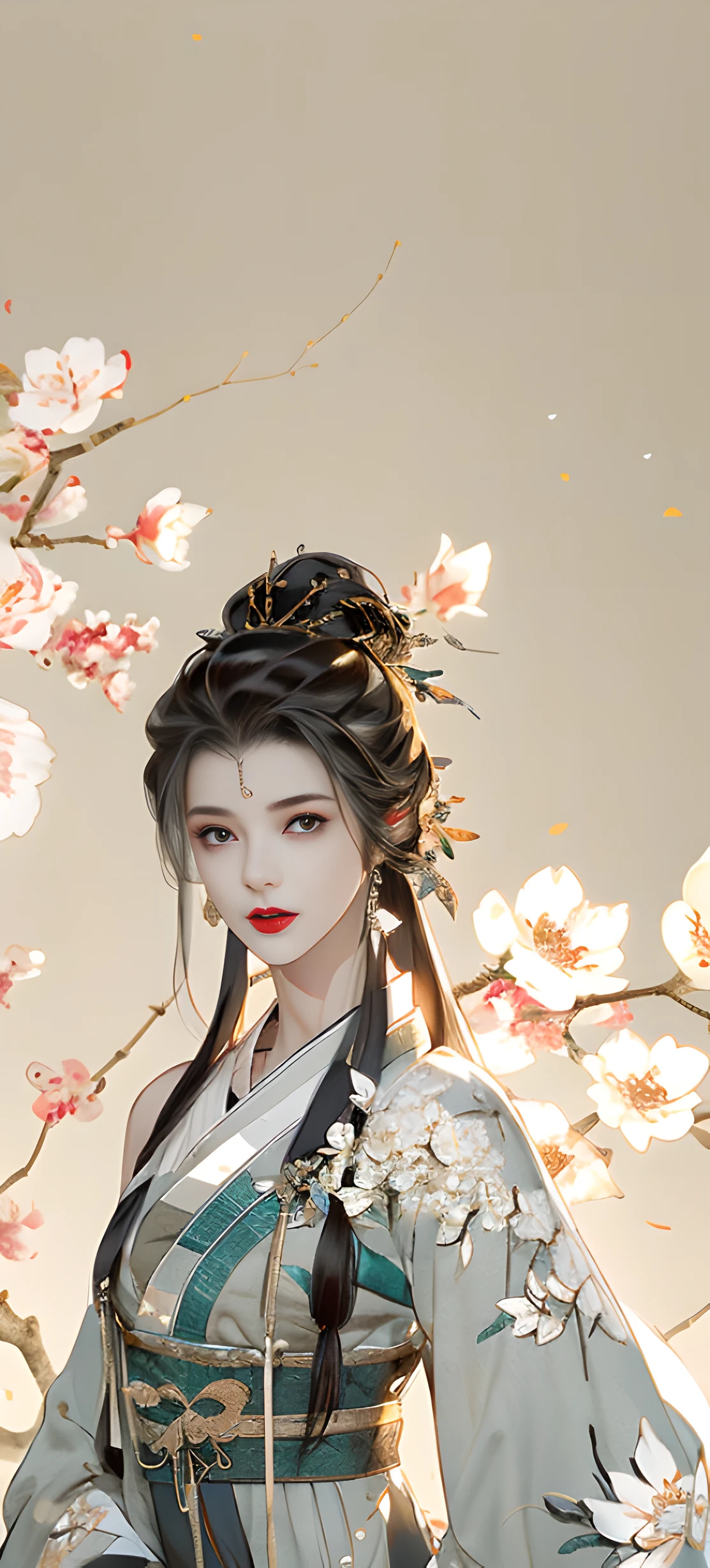 Beautiful details for girls，Very detailed eyes and face，Beautiful eye details，Super detailed，highres，Very detailed，The best quality，illustration，Exquisite details，Best quality，Very detailed CG，8k wallpapers，A woman，woods，Long black hair，horsetail，Hanfu girl，blossoms，Complex textures，Streamers，navel，shoulder，Complex background，half body