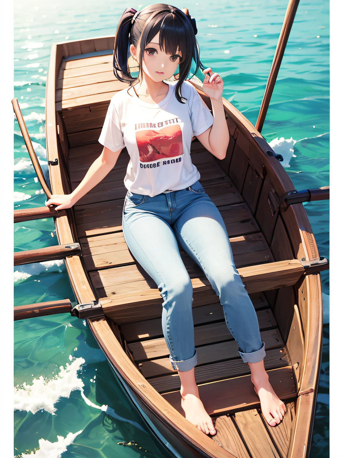 High quality, high resolution CG illustration, discovering an island in the distance from a rowboat, white t-shirt, blue jeans, girl with black hair tied back, joyful, anime style --auto