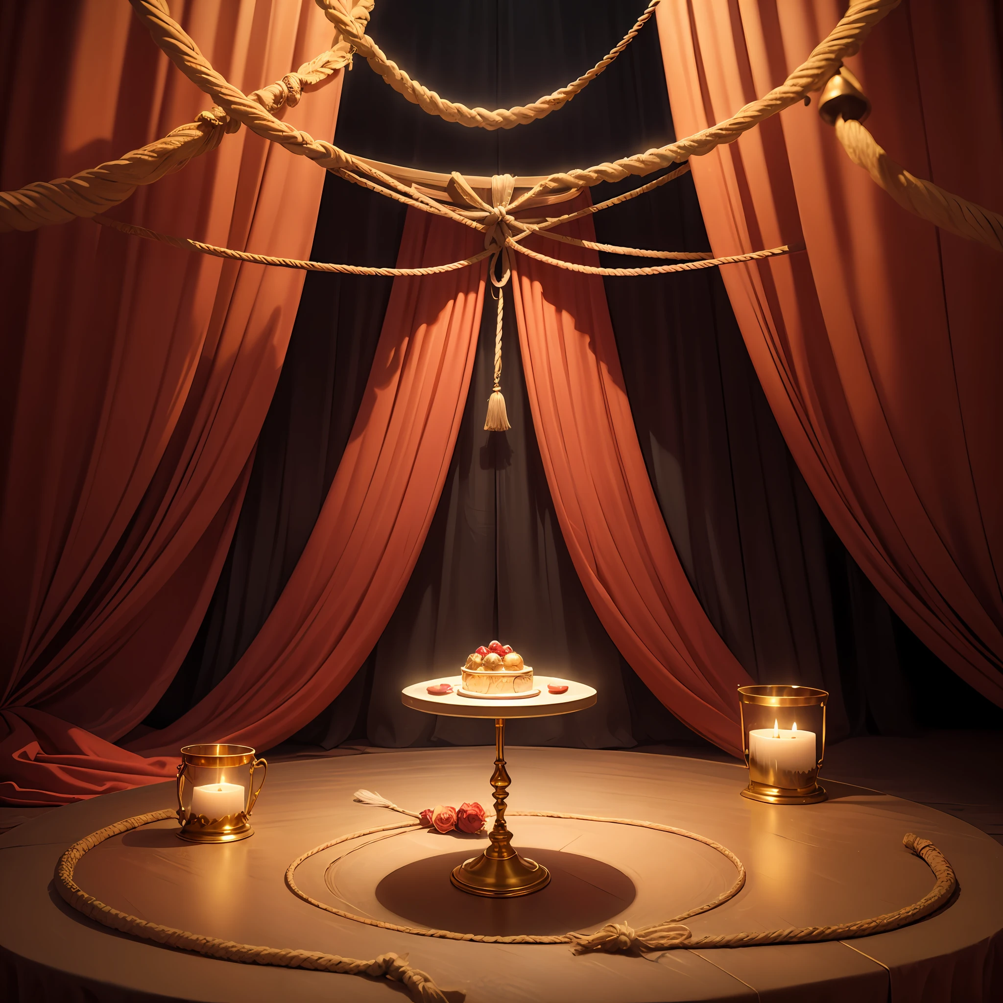 (Best quality, masterpiece) In a dark atmosphere, the red curtains are tied with golden ropes, and there is a golden base on both sides in the center, with a golden tray on top for a festive atmosphere --auto