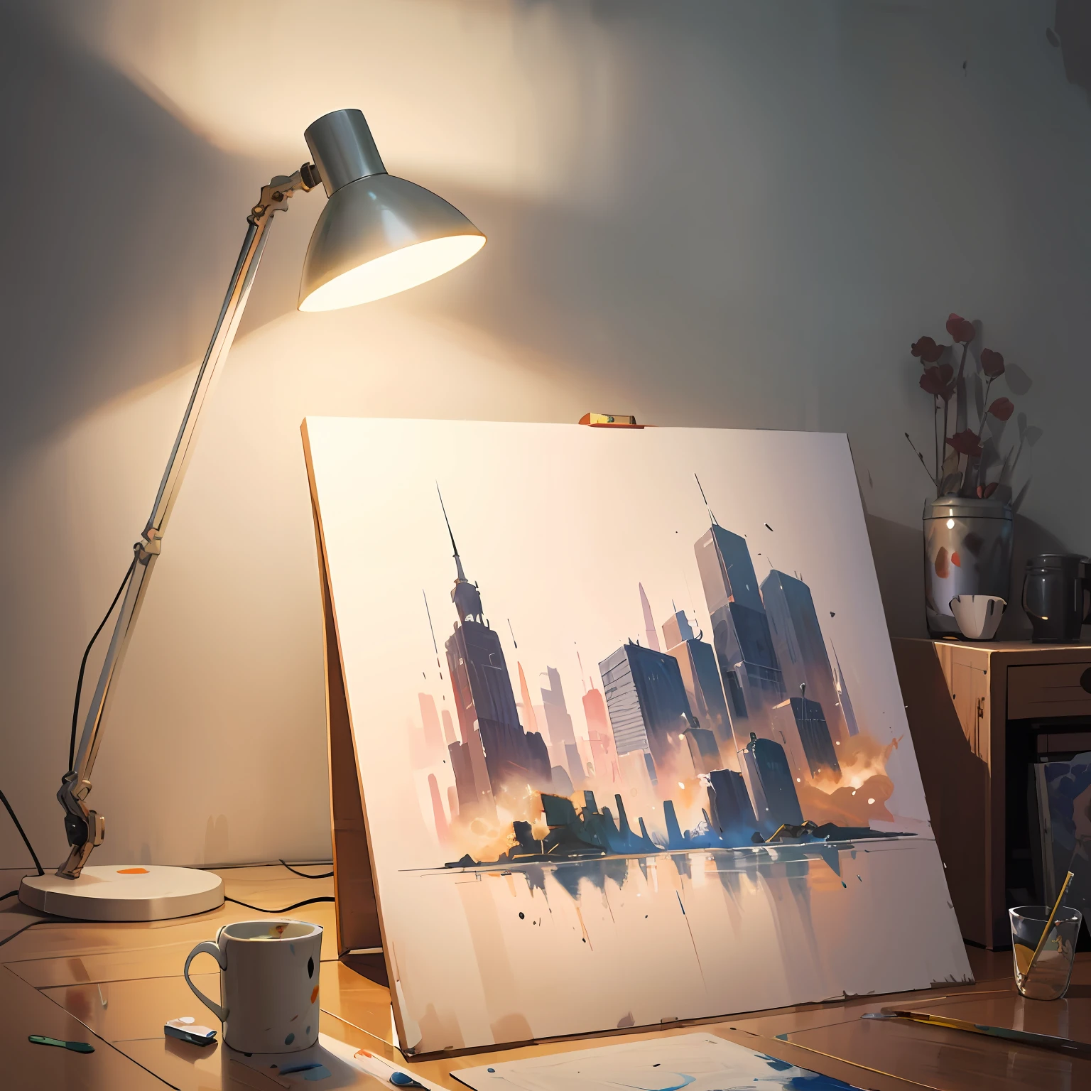 desk with a lamp, 4k painting, detailed painting 4 k, realism painting, artistic painting, concept art painting, architectural painting, realistic painting, detailed 4 k painting, realistic painting style, realistic digital art 4k, realistic digital art 4 k, watercolor painting style, super realistic painting style, highly detailed 4 k painting, illustration painting
