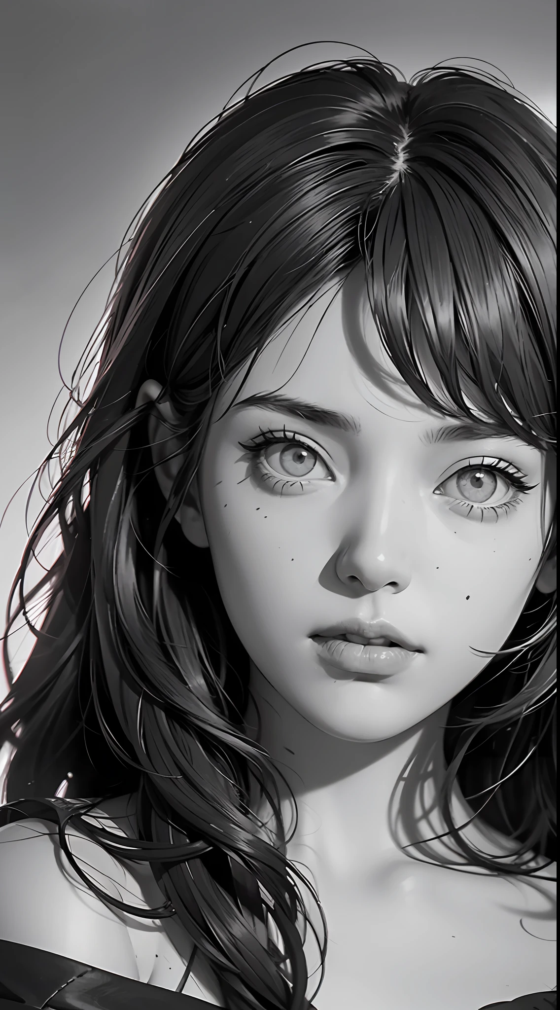 8K、Detail emphasis、Artistic illustration、Detailed face、girlish、Off-shoulder、High resolution、Photographic、High Detail、High Contrast、Sharpness、Texture Art、Texture enhancement、Light and Shade、monochrome、Placing the girl on the edge、Negative Space Photography、Spotlight on the girl
