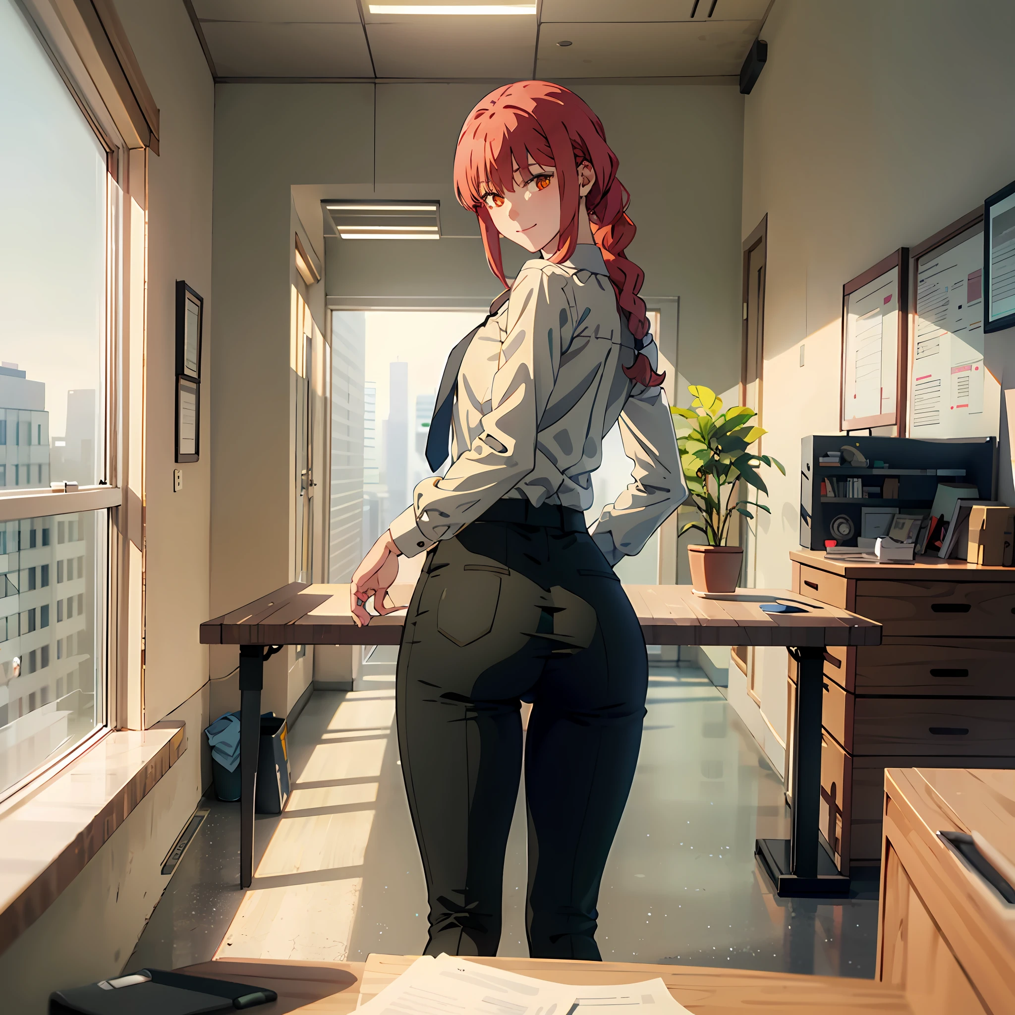 (masterpiece, best quality:1.2), from behind, solo, 1girl, makima, slight pervert smile, closed mouth, looking back, braided ponytail, ringed eyes, white shirt, black pants, bent forward, hands on desk, bent on desk, pervert, ultra detailed, beautiful body, best quality, red hair, office pants, necktie, chainsaw man anime, sexy, full body, nice booty, formal, suit, collared_shirt, pants, office, secretary