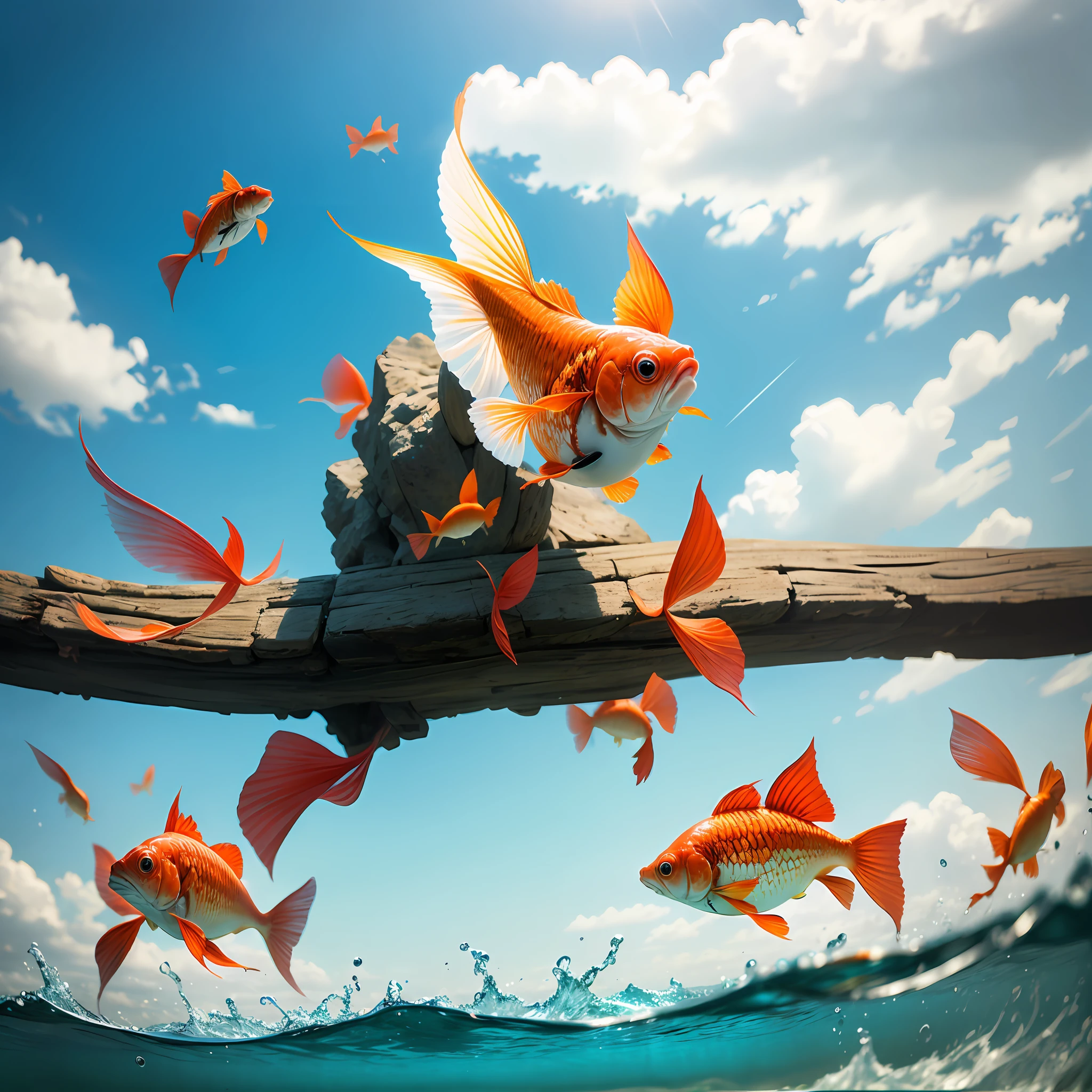 Colorful goldfish jumping out of the water, trying to fly until q apendoe to planar --auto