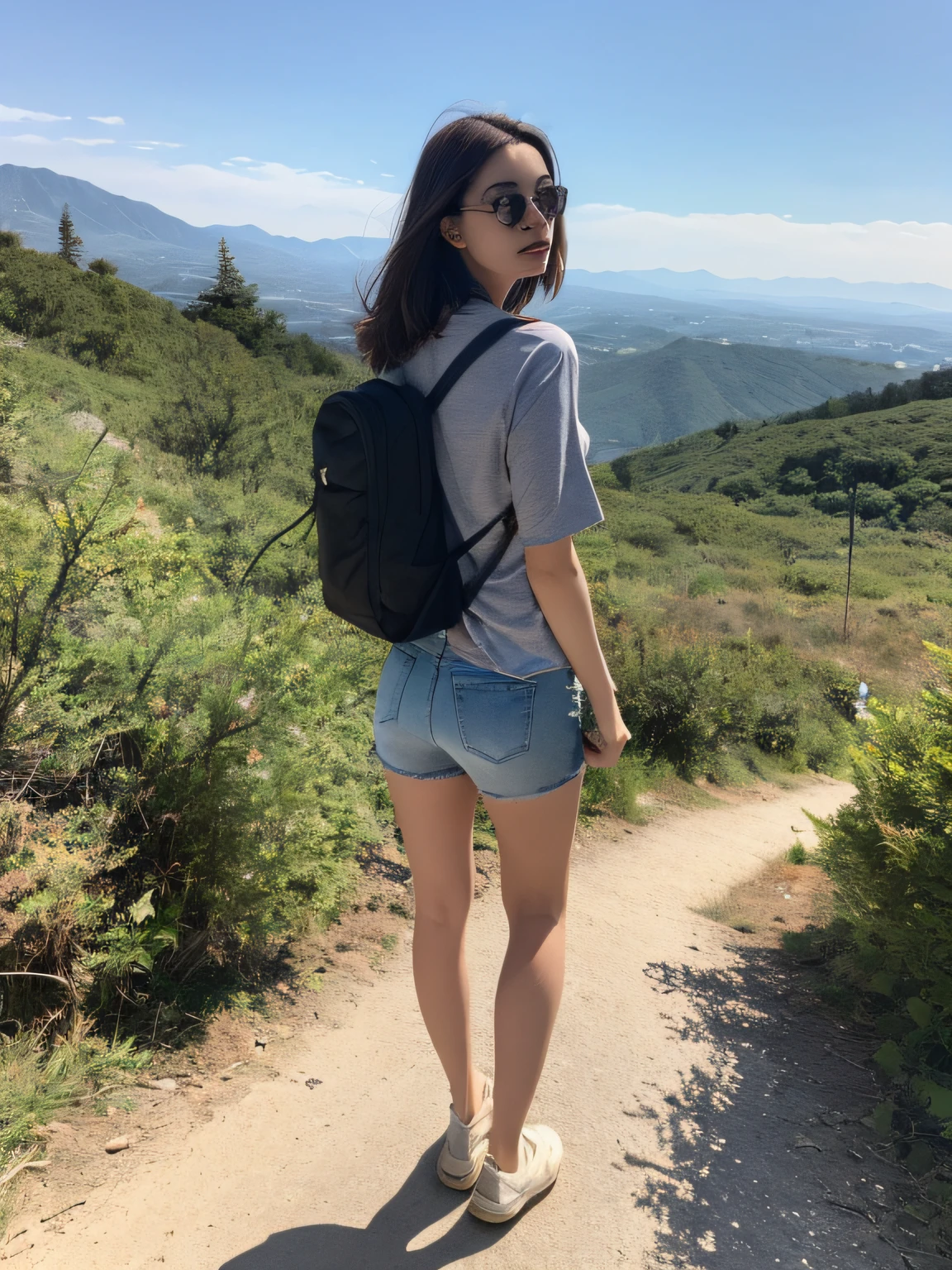 ((Best quality,8K,masterpiece:1.3)), 1girl, full body, Slim face, Beautiful woman, (Short dark brown hair), Casual wear, Super detailed face, Detailed eyes, Back,Walking on the side of the mountain with sunglasses and looking at the mountains in the distance, Blur the background, Slim face, Big mountains,sunrise,