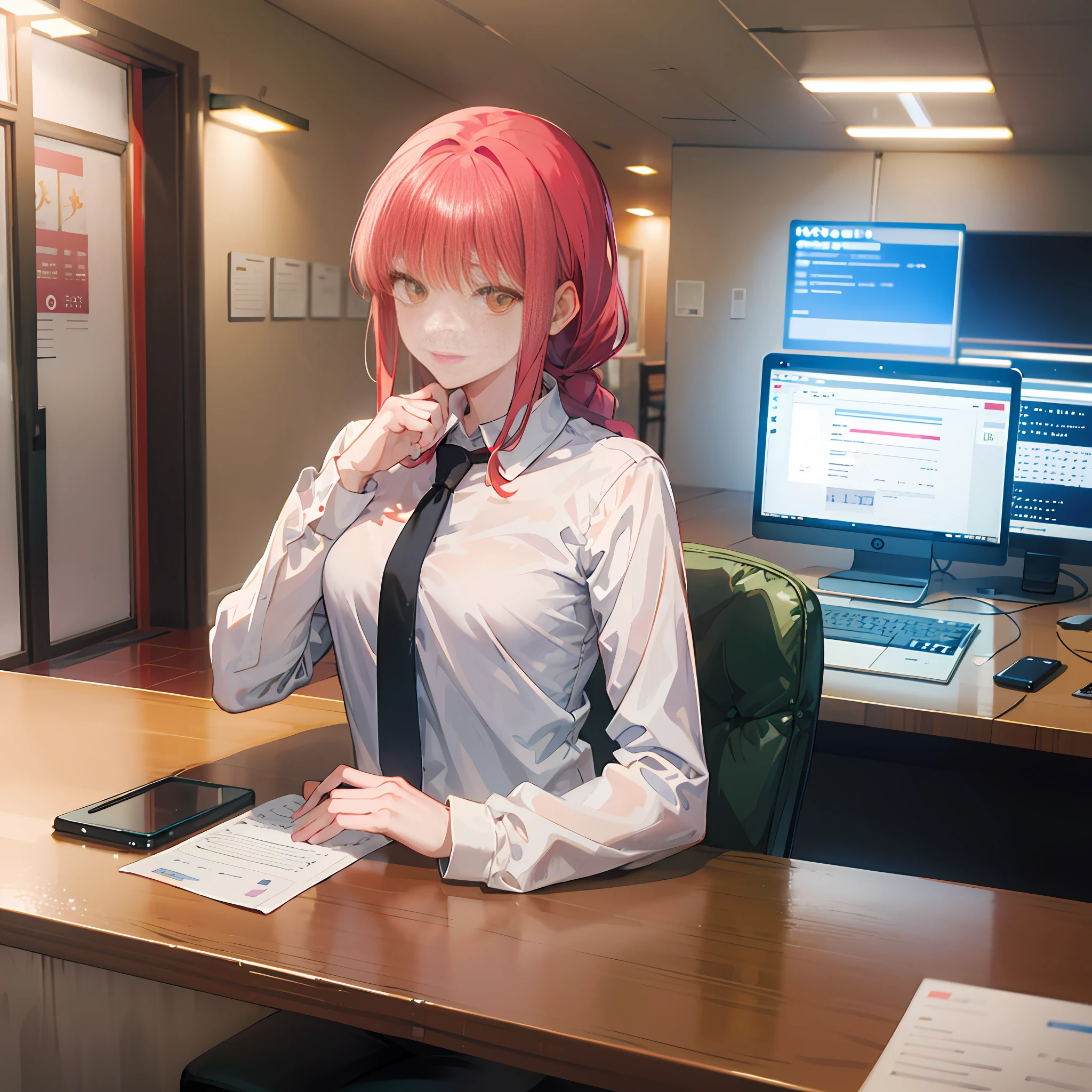 (masterpiece, best quality:1.2), from behind, solo, 1girl, makima, slight pervert smile, closed mouth, looking back, braided ponytail, ringed eyes, white shirt, black pants, bent forward, hands on desk, bent on desk, pervert, ultra detailed, beautiful body, best quality, red hair, office pants, necktie, chainsaw man anime, sexy, full body, nice booty, formal, suit, collared_shirt, pants, office, secretary