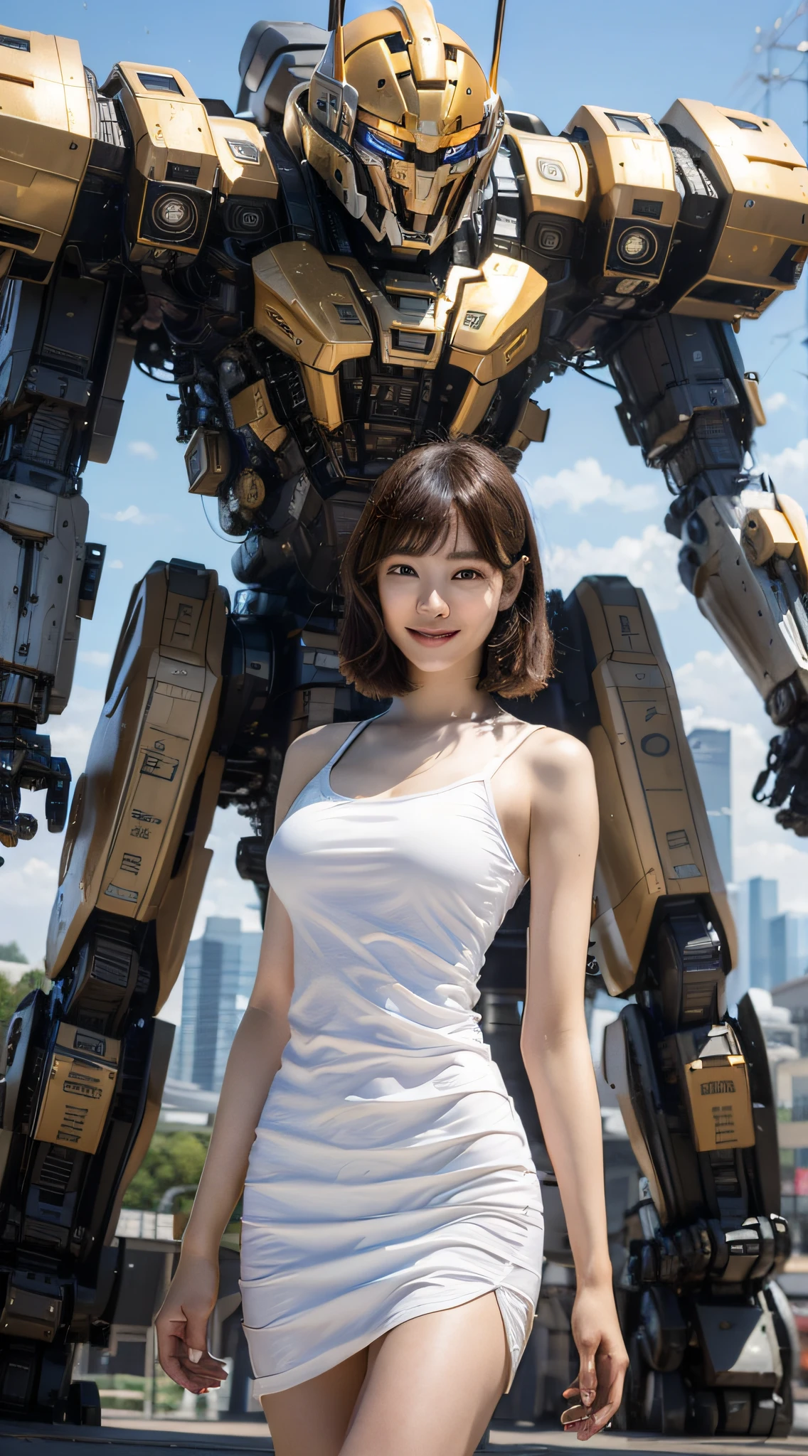((Best Quality, 8K, Masterpiece: 1.3)), 1girl, Slim Abs Beauty: 1.3, (Casual hairstyle, Big breasts: 1.2), Dress: 1.1, Super fine face, Detailed eyes, Double eyelids, smile, home, behind the character stands a mecha warrior