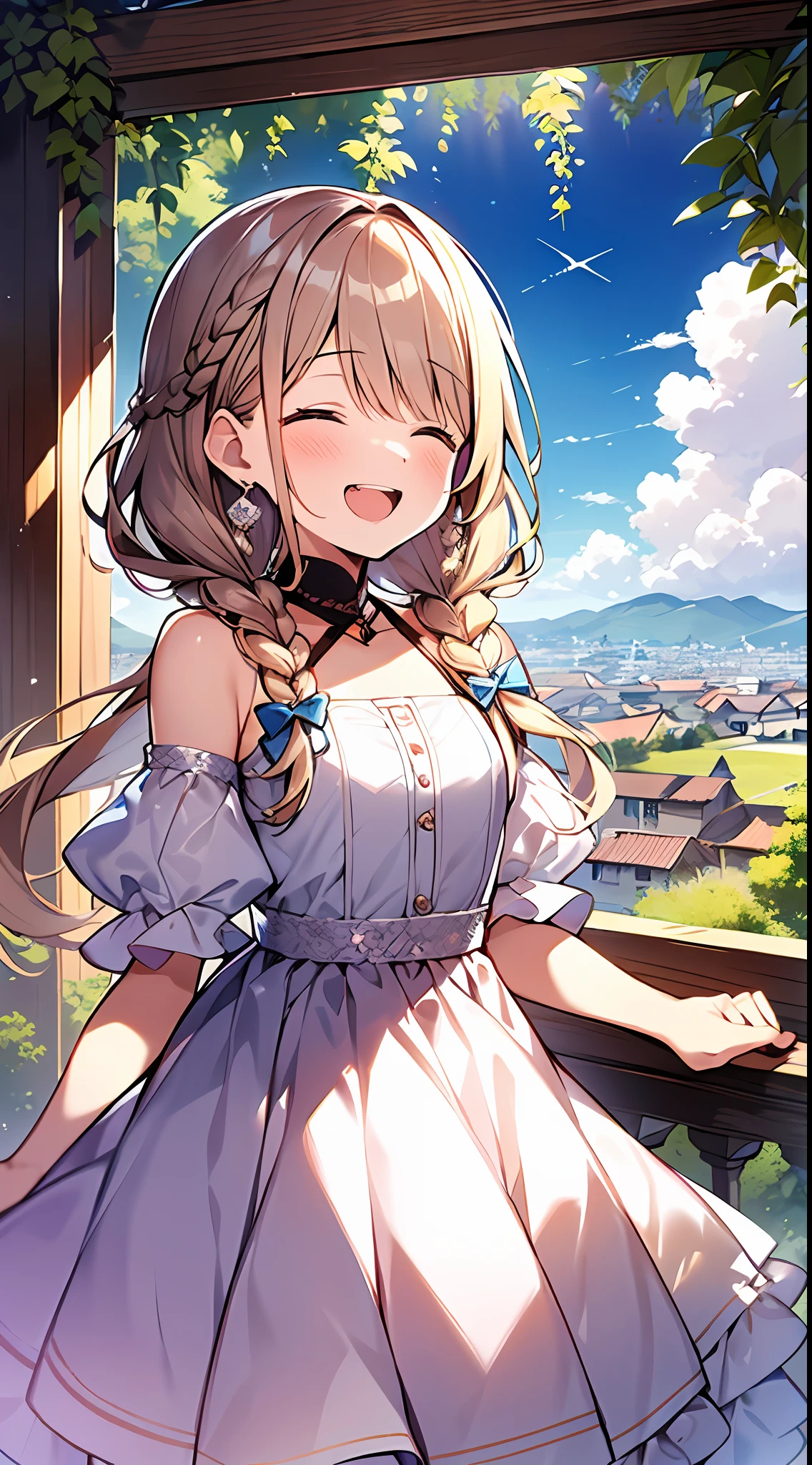 (incredibly absurdres absolutely resolution: 1.5), highest quality, masterpiece, ultra high resolution, 8k, (multiple girls), (gorgeous dresses with many gorgeous and colorful decorations) BREAK shoujo manga style, (loli), soft line drawing, digital enhancement, shojo manga touch, environmental change scenes, shojo manga core, ( Hair length to the shoulders))), (((short braid))), laughing with open mouth, closing eyes, ancient city of the West, angle from which the whole body is visible, entangle, beautiful and aesthetic: 1.5, High quality: 1.3