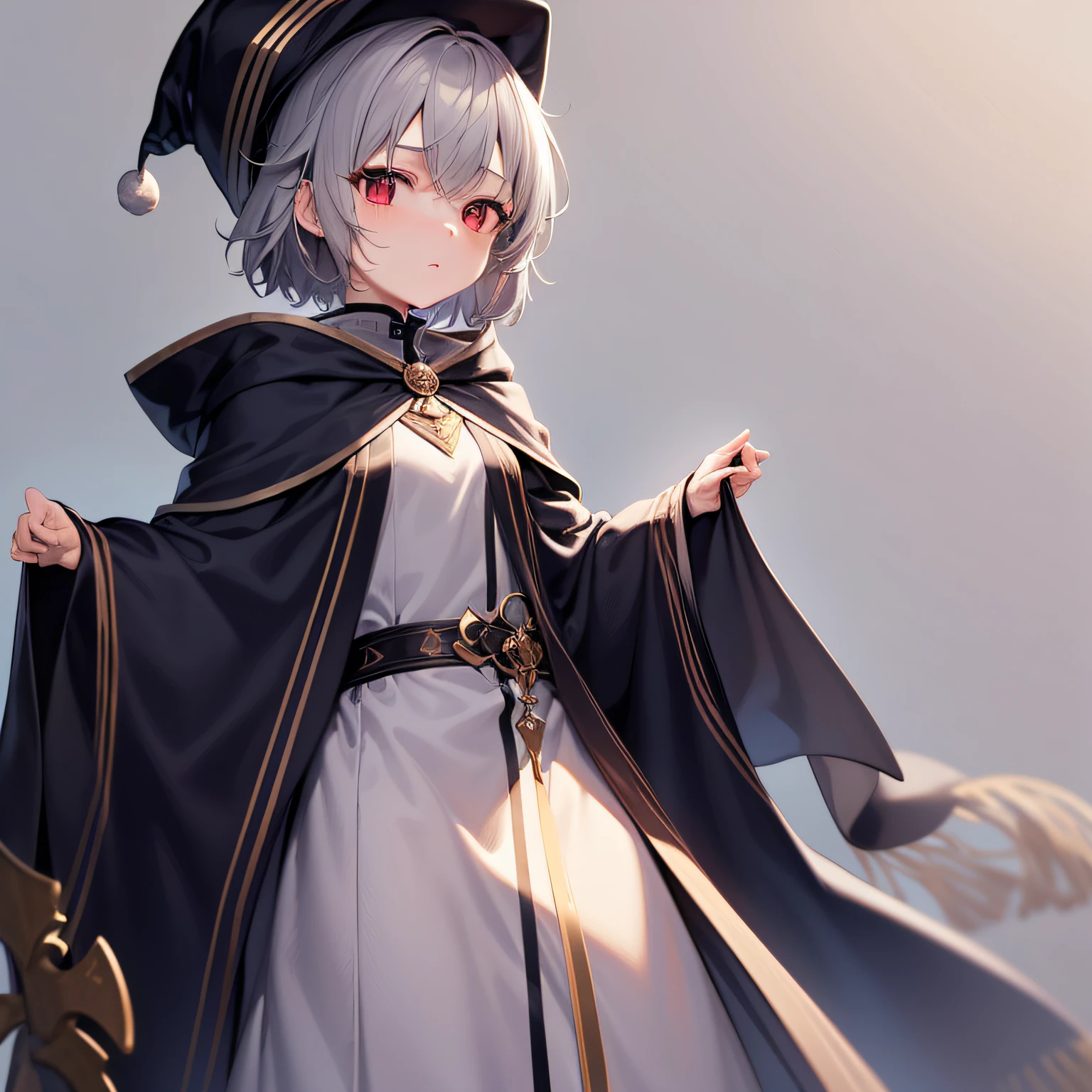 top quality、an extremely delicate and beautiful、()、Red-eye、small breasts、short hair、Gray hair、short hair、(Gray Wizard Hat)、One person、Long sleeves、(Gray wizard robe)、Standing