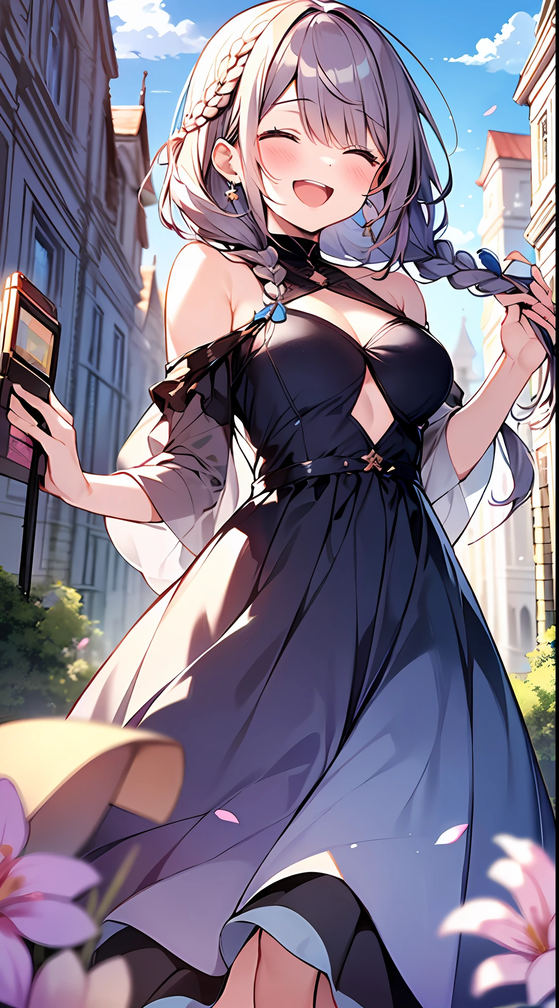 (incredibly absurdres absolutely resolution: 1.5), highest quality, masterpiece, ultra high resolution, 8k, (multiple girls), (gorgeous dresses with many gorgeous and colorful decorations) BREAK shoujo manga style, (li), soft line drawing, digital enhancement, shojo manga touch, environmental change scenes, shojo manga core, ( Hair length to the shoulders))), (((short braid))), laughing with open mouth, closing eyes, ancient city of the West, angle from which the whole body is visible, entangle, beautiful and aesthetic: 1.5, High quality: 1.3