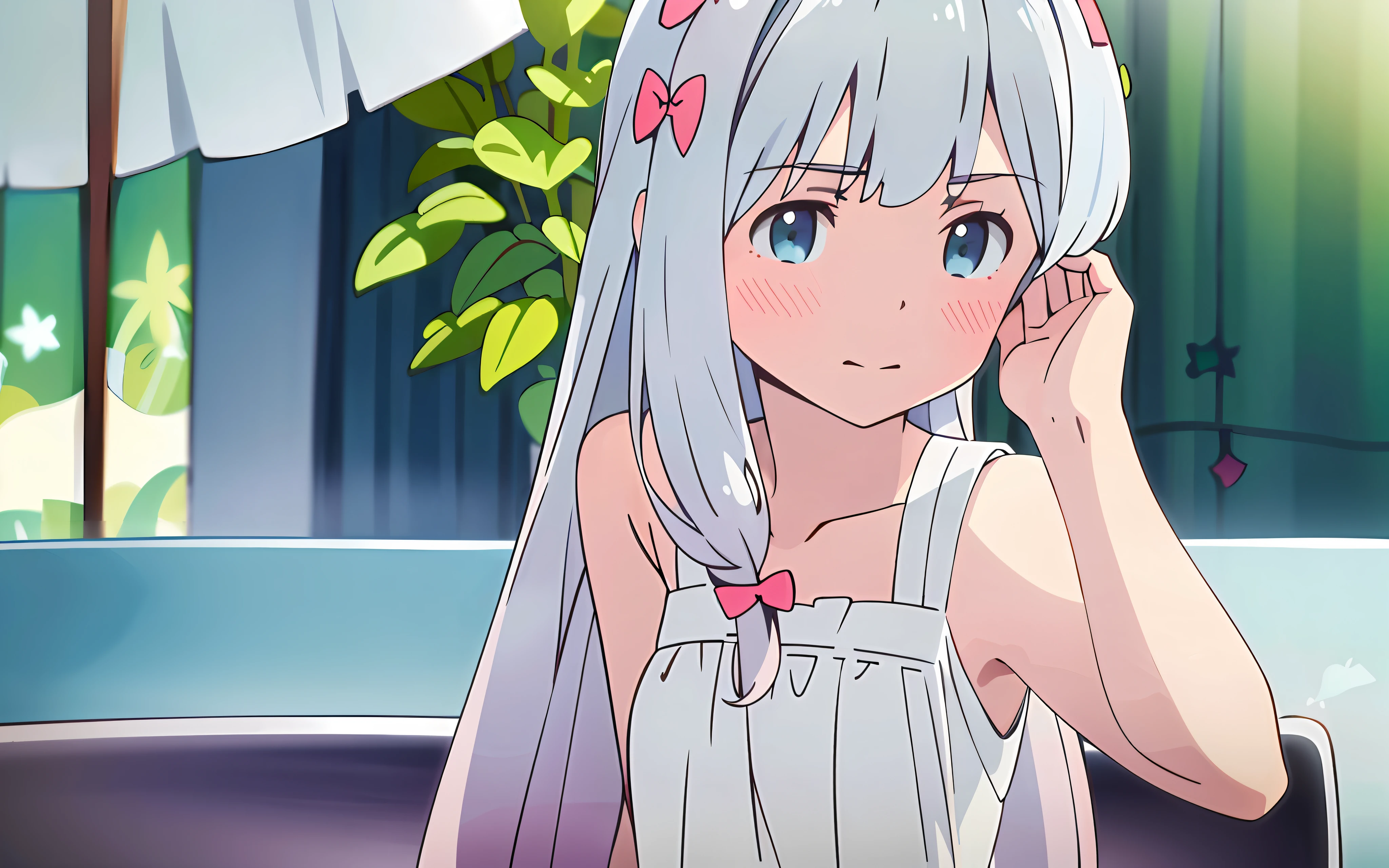 ((Best Quality)), (Masterpiece:1.2), High Definition, Very Detailed, 1girl, Solo Focus, Full Body, Watch Viewer, Lookover, Face to Face, Sleeveless Dress, Casual, White Dress,Floral Background, Outdoors, Upper Body, White Hair, Blue Eyes, Flower Garden, Pale Blush, Tsundere, (-3-)