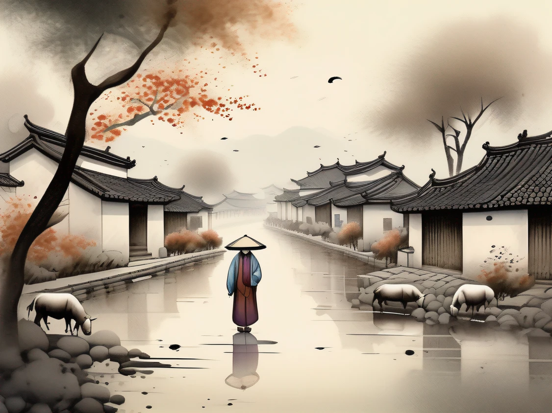 Best quality, masterpiece, illustration), (ink painting), rows of tile houses, smoke and rain Jiangnan, jujube trees, buffaloes, women, old people, children, a large pond, crescent shape, quiet mountain village, pastoral, white space, color harmony, highest texture, advanced composition,