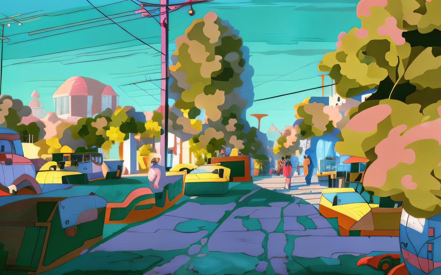 there is a cartoon picture of a street with cars and trees, low detailed. digital painting, painterly illustration, by Craig Thompson, digital painting concept art, digital 4k painting, nicolas bouvier sparth, painterly concept art, jen bartel, painting by android jones, vibrant digital painting, glen orbik, digital cartoon painting art