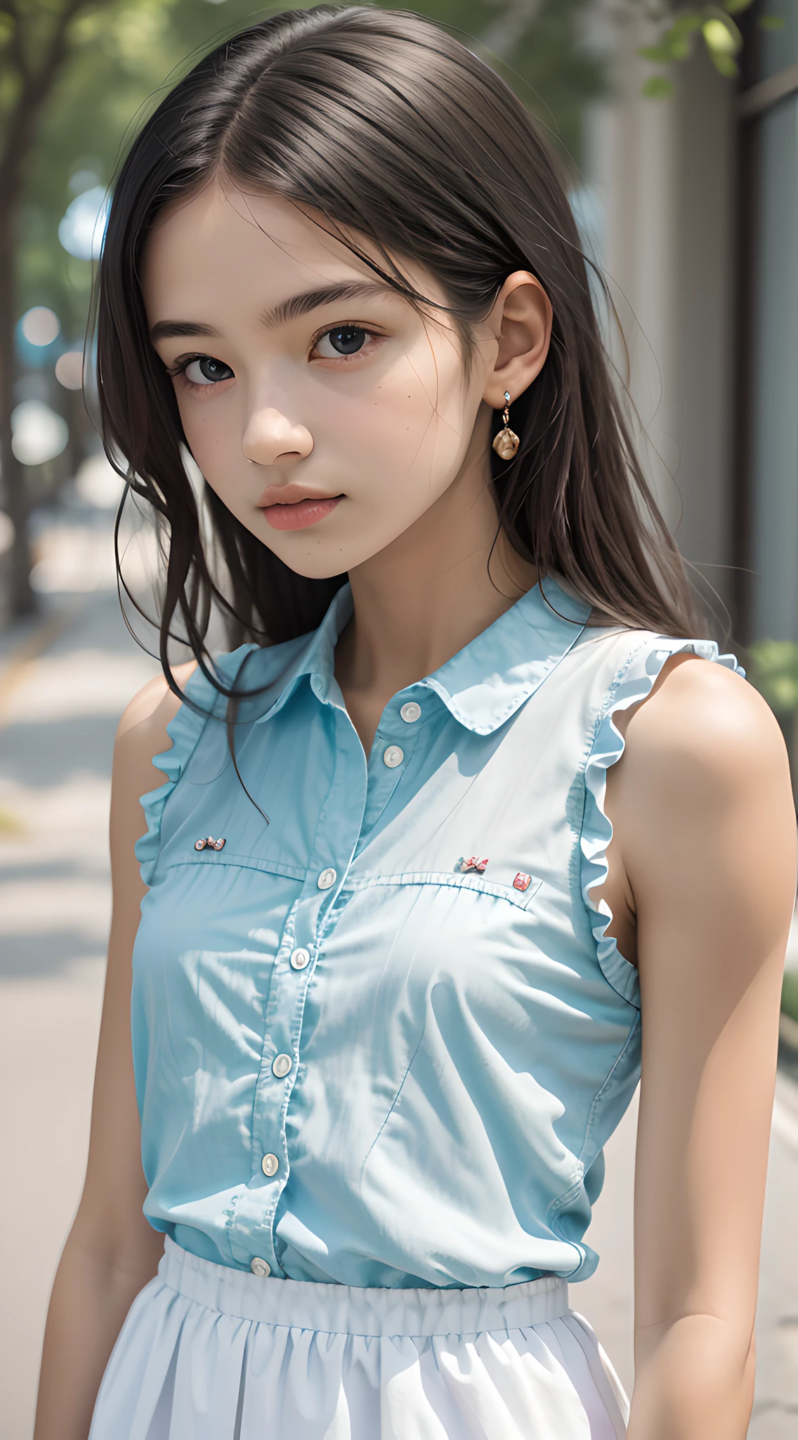 masterpiece, best quality, raw photo, absurdres, award winning portrait, solo, beautiful girl, 18yo, 8k, looking at viewer, DSLR, rich color, natural, candid, white elegance eyelet ruffle sleeveless shirt, sophisticated, youthful, (thin arms, high detailed skin:1.2), cute face, soft lighting, high quality, film grain, chromatic aberration, bluish black eyes