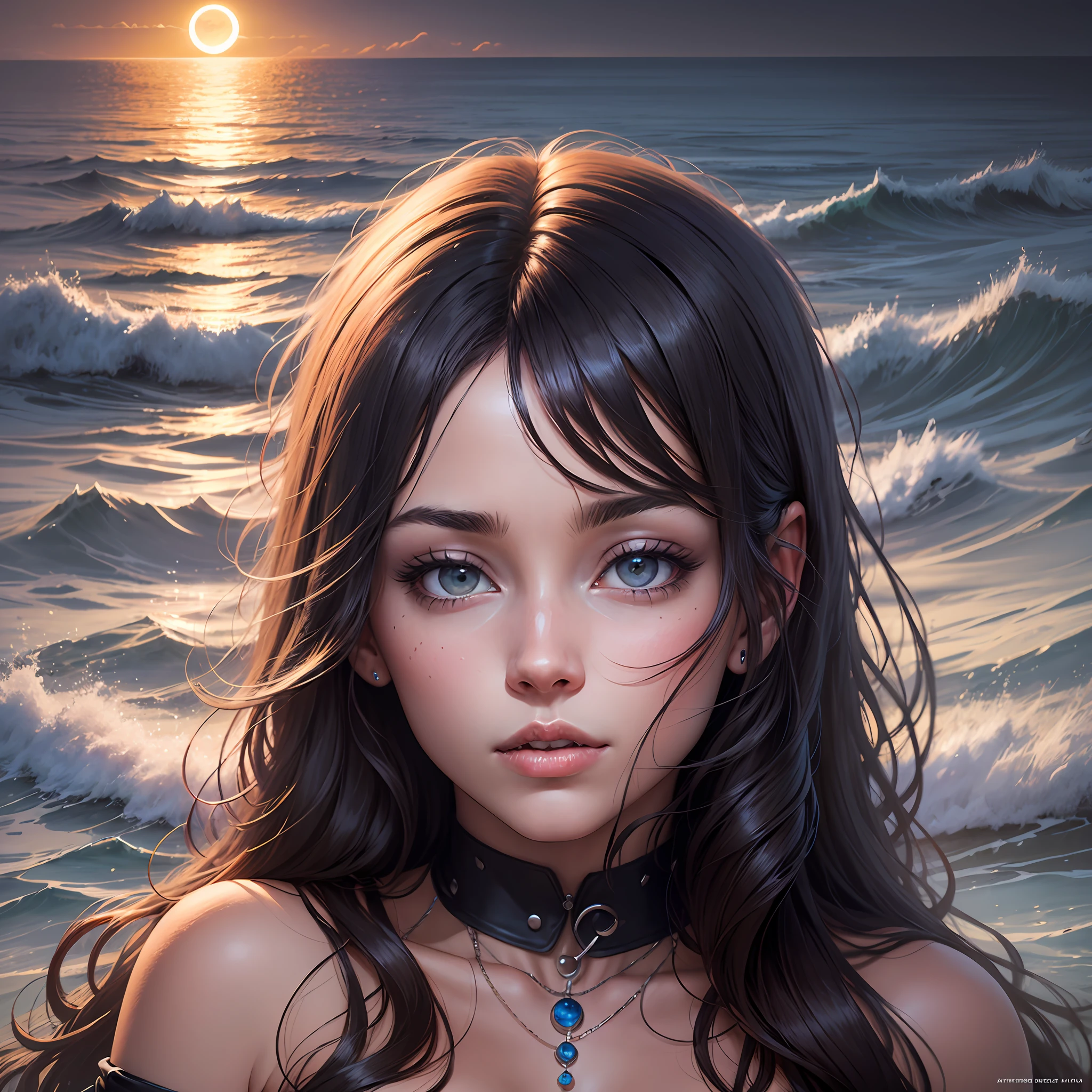 bonita playa de noche con un eclipse de luna, el agua muy agitada. pintura digital, artstation, arte conceptual, enfoque suave, clear, illustration. ultra realistic. fotorealista. --auto --s2