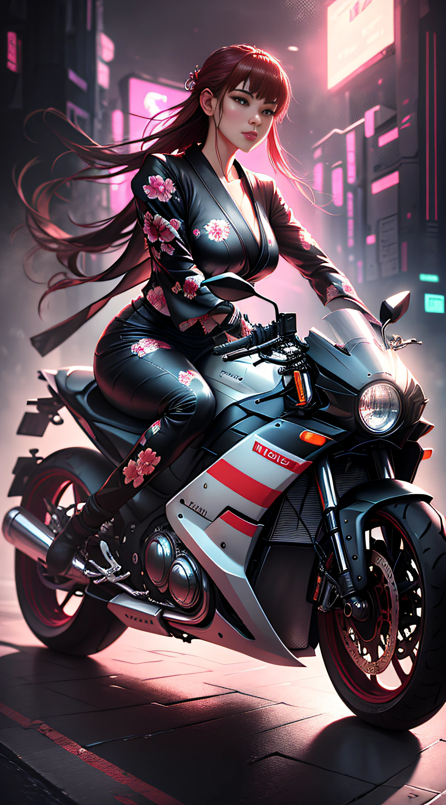 woman in kimono on motorcycle, Artgerm, rossdraws global lighting, cyberpunk art, realism, photorealism, lighting, cinema light