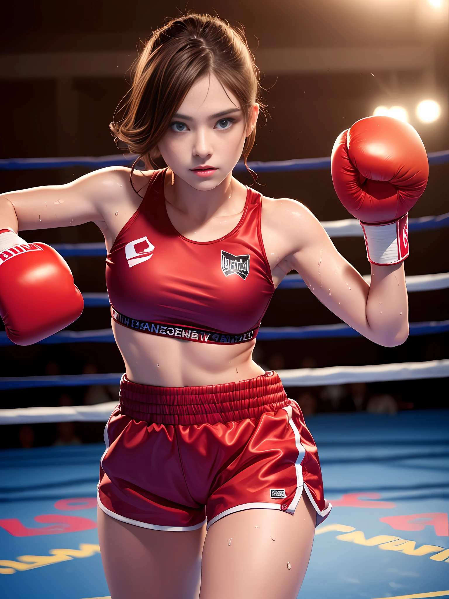 high quality fingers, normal hands, detailed fingers,masterpiece, (realistic, photo-realistic:1.37), (teenage girl), boxing uniform,medium breast, small waist, dark red hair, blue eyes, beautiful face, perfect illumination, beautiful detailed eyes,, stunningly beautiful girl, detailed hairstyle,shorts, wet skins sweat,boxing venue,