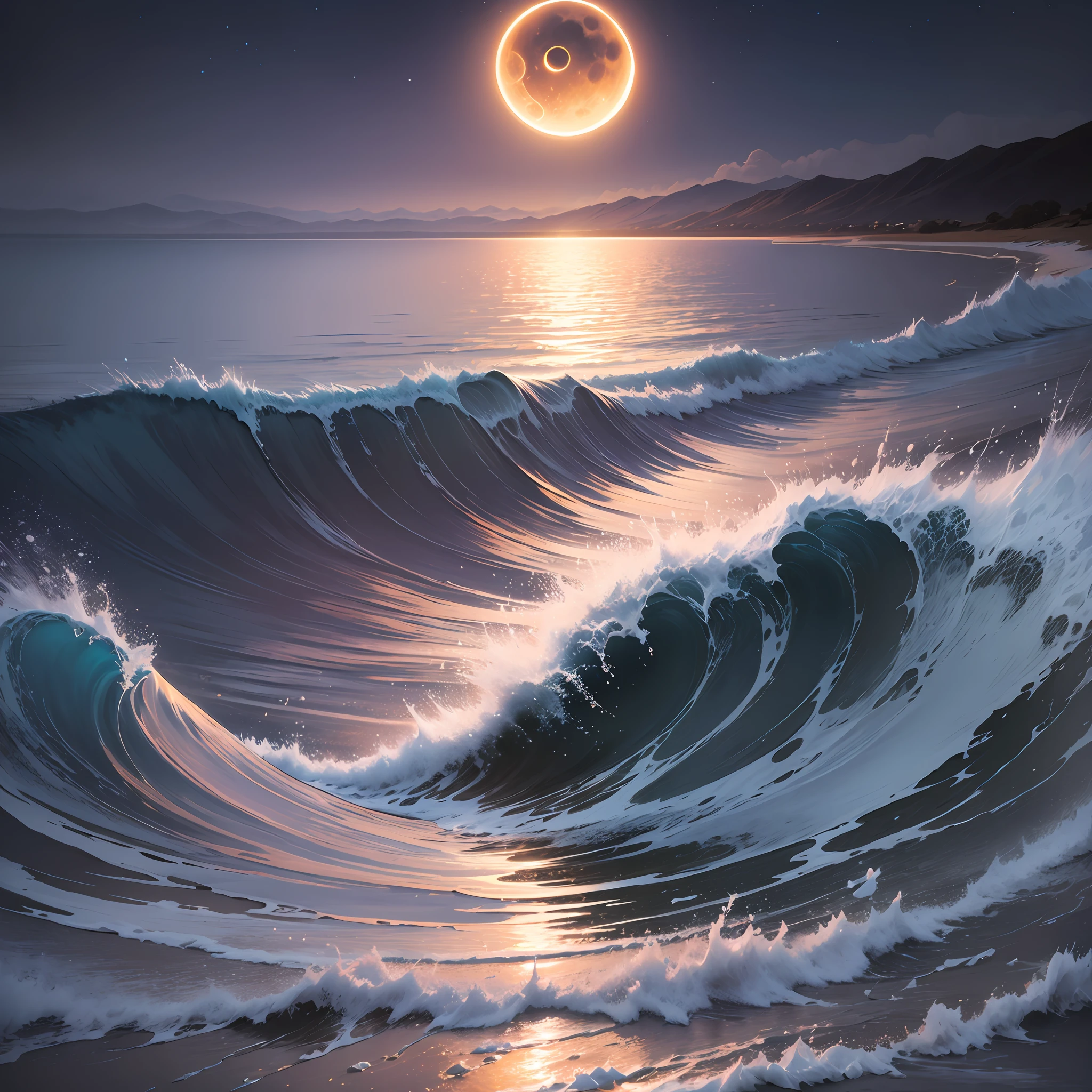 bonita playa de noche con un eclipse de luna, el agua muy agitada. pintura digital, artstation, arte conceptual, enfoque suave, clear, illustration. ultra realistic. fotorealista. --auto --s2