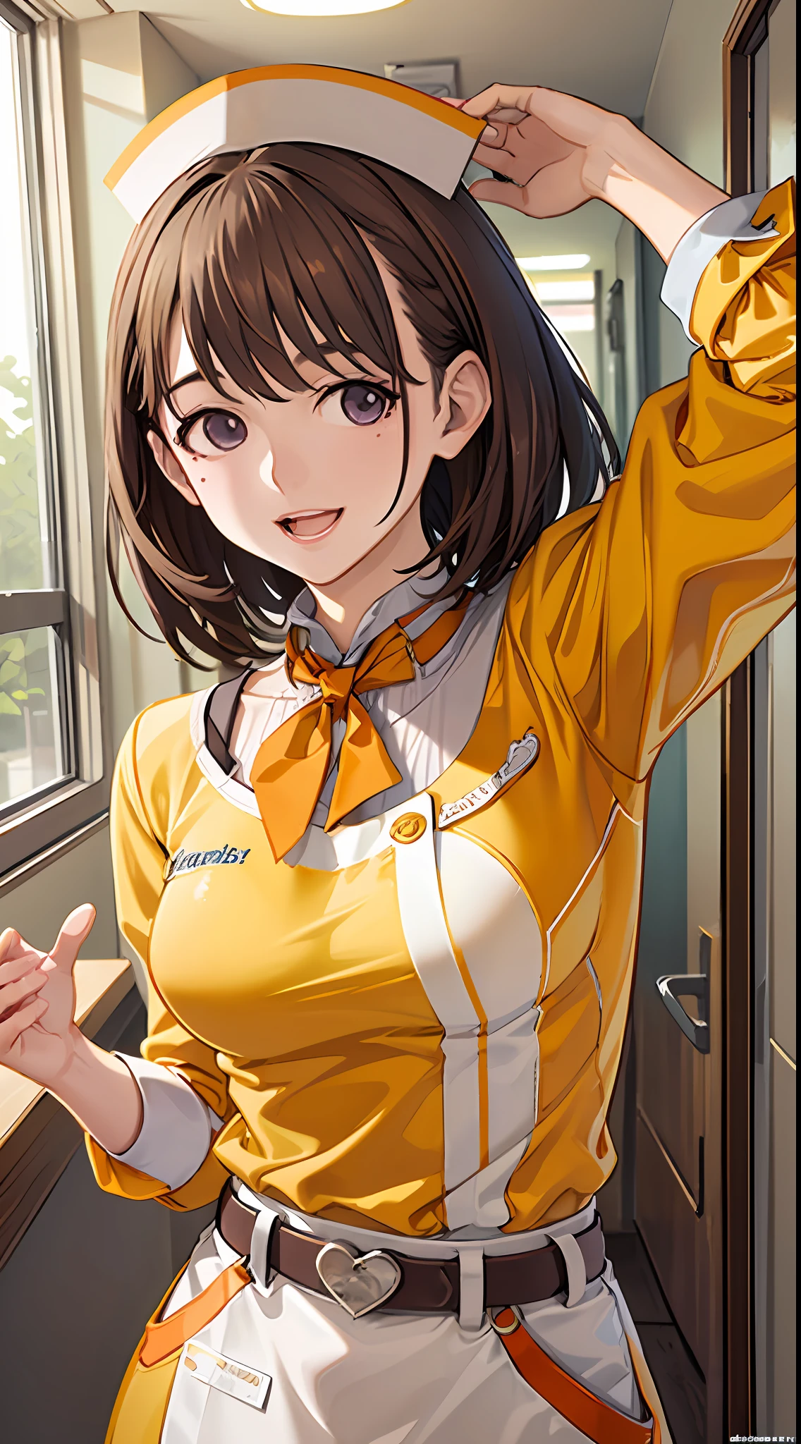Big anime girl posing in front of window、((Waitress Uniform:1.2)))、((Yellow Uniform)), ((Yellow sleeves)), ((Yellow skirt)), ((Orange tie)), ((White apron)), (((The best smile with a little open mouth)))、((Focus on the upper body))、((Focus on people))、((Purple eyes)), ((Brown hair))、((View diagonally from the right))、((Wave your right hand))、((Holding the tray in your left hand)), Seductive anime girl、Best anime 4k Konachan wallpapers、attractive anime girl、4k anime wallpaper、Detailed Digital Anime Art、Anime Best Girl、beautiful anime girl、Detailed anime artwork、beautiful alluring anime woman
