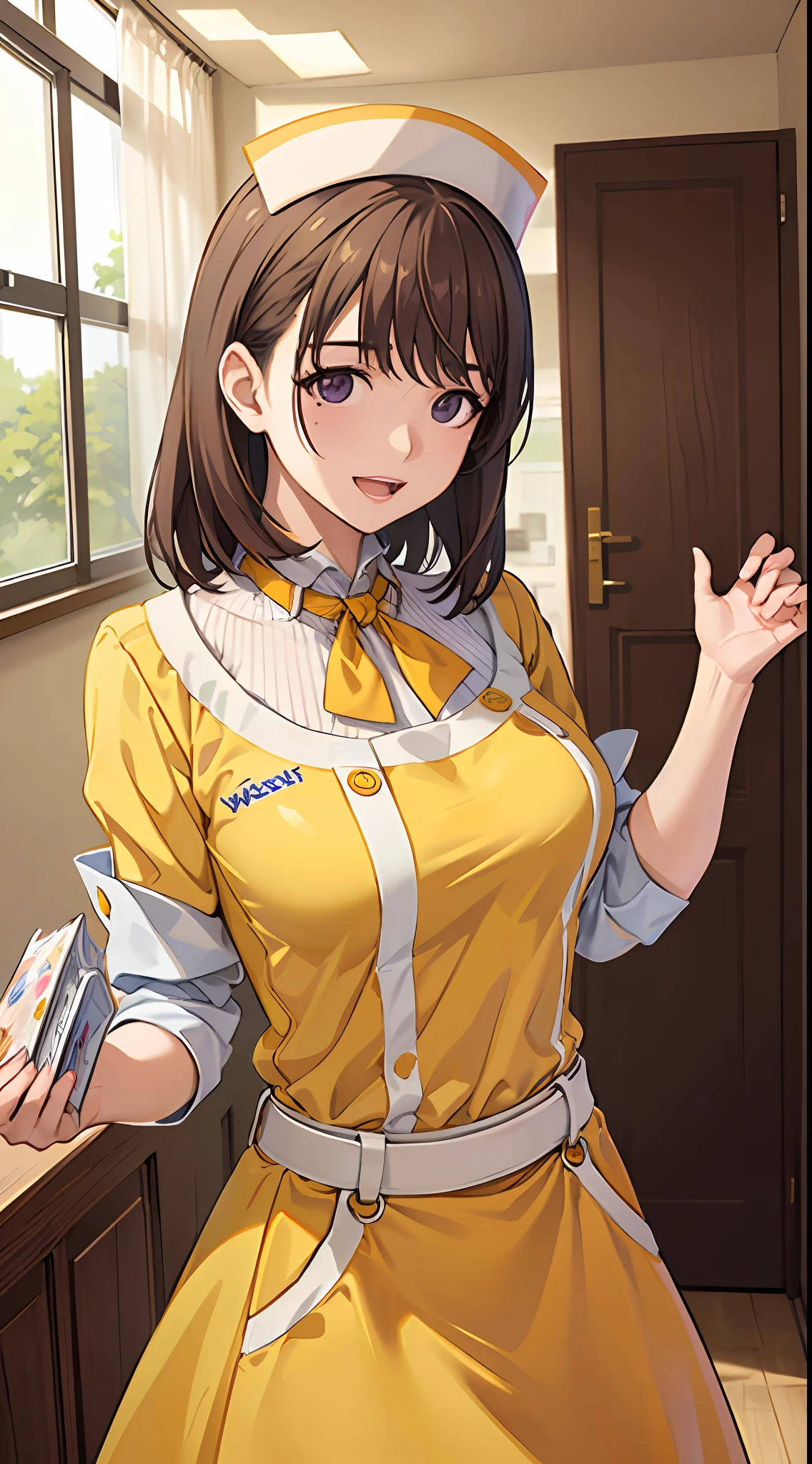 Big anime girl posing in front of window、((Waitress Uniform:1.2)))、((Yellow Uniform)), ((Yellow sleeves)), ((Yellow skirt)), ((Orange tie)), ((White apron)), (((The best smile with a little open mouth)))、((Focus on the upper body))、((Focus on people))、((Purple eyes)), ((Brown hair))、((View diagonally from the right))、((Wave your right hand))、((Holding the tray in your left hand)), Seductive anime girl、Best anime 4k Konachan wallpapers、attractive anime girl、4k anime wallpaper、Detailed Digital Anime Art、Anime Best Girl、beautiful anime girl、Detailed anime artwork、beautiful alluring anime woman