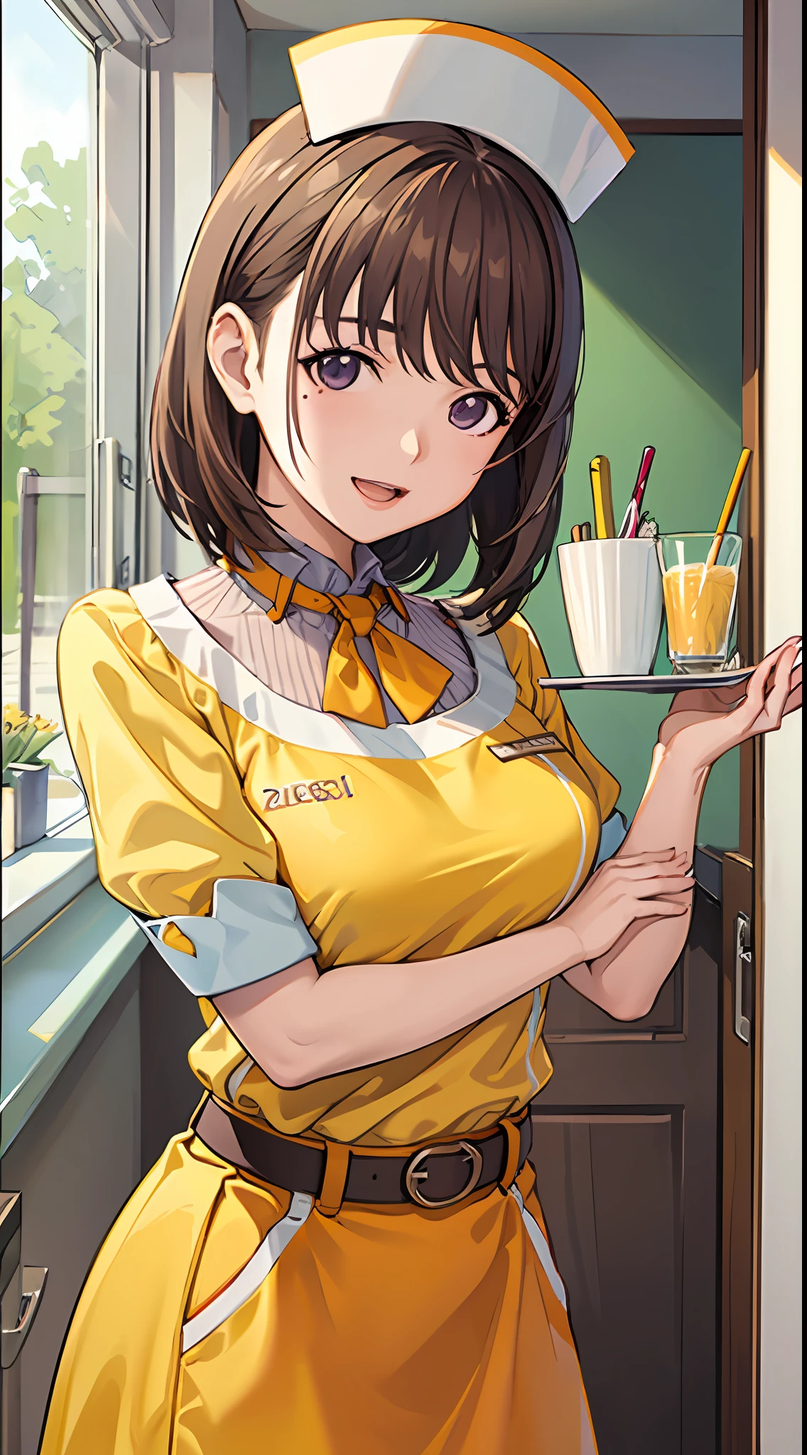 Big anime girl posing in front of window、((Waitress Uniform:1.2)))、((Yellow Uniform)), ((Yellow sleeves)), ((Yellow skirt)), ((Orange tie)), ((White apron)), (((The best smile with a little open mouth)))、((Focus on the upper body))、((Focus on people))、((Purple eyes)), ((Brown hair))、((View diagonally from the right))、((Wave your right hand))、((Holding the tray in your left hand)), Seductive anime girl、Best anime 4k Konachan wallpapers、attractive anime girl、4k anime wallpaper、Detailed Digital Anime Art、Anime Best Girl、beautiful anime girl、Detailed anime artwork、beautiful alluring anime woman