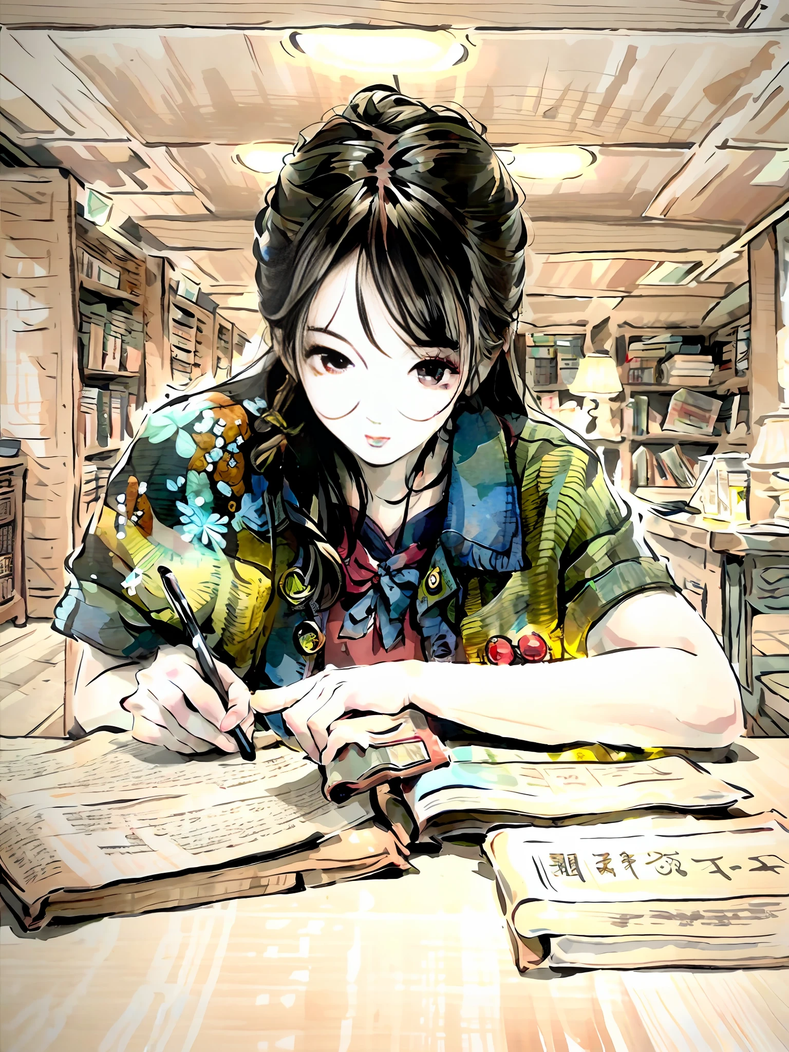 A girl sits at a table in the library，Writing a book intently，She studied hard。The bright lights in the room illuminate the entire scene。She maintains a natural facial feature，Lancet eye，Wears large-rimmed glasses。She reads in the library，Inspired by Ma Yuanyu，The author is Kim Jong-hui。She is a good student，Qiufang from Gongbi。She is studying in the library's library，The right eye seems to replicate the appearance of the left eye。