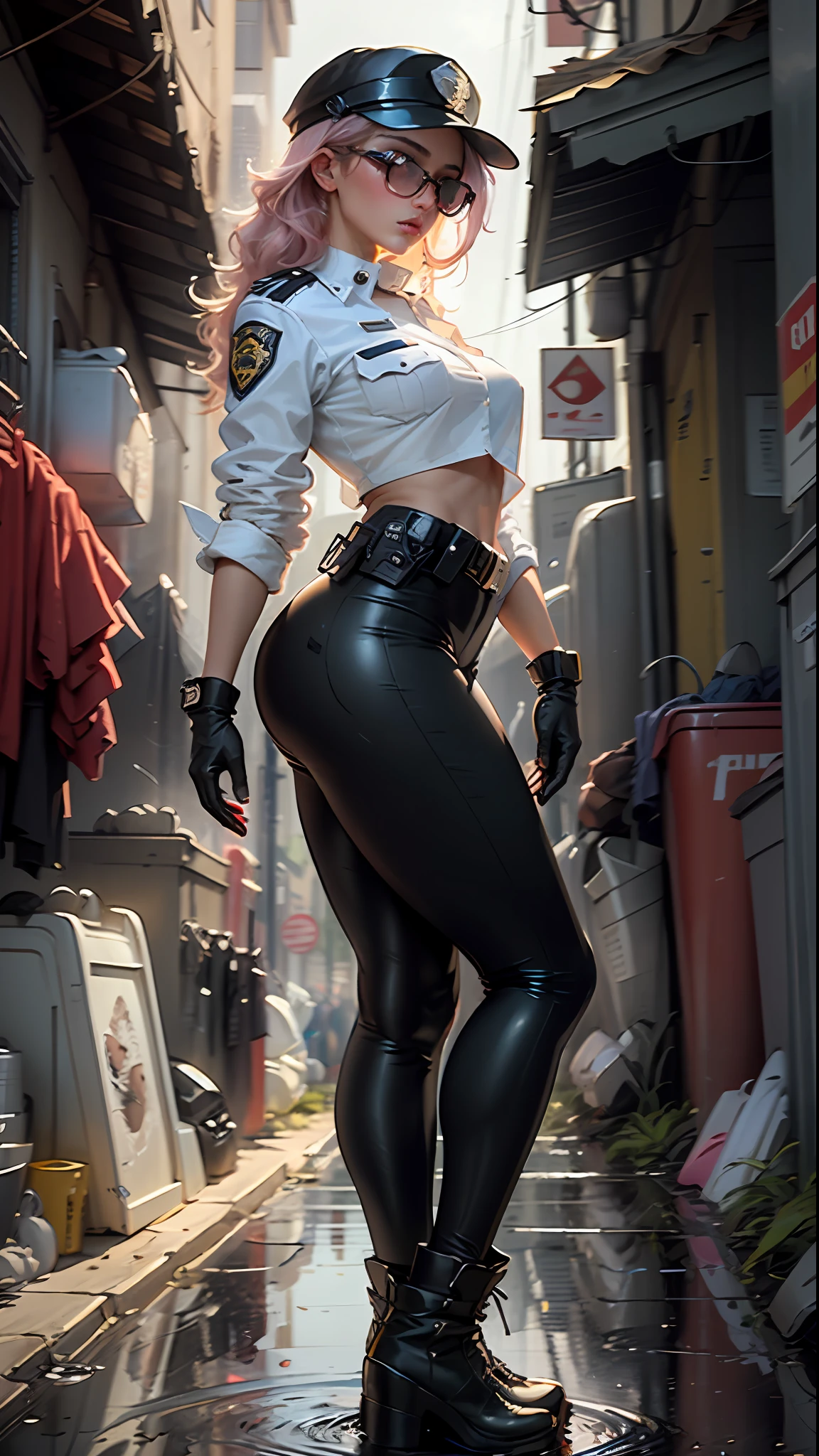 1girl,Policewoman,Delicate and beautiful face,facce blushing,Various hairstyles,Plump breasts,Convex buttocks,Soaked body,There is an unknown white liquid on the body,Wearing a blue shirt,With police insignia,Black tie,Black leggings,Black boots,White gloves,Wearing sunglasses,Wear a helmet,Close-up of the chest,Close-up of buttocks,Perfect proportions,Detailed clothing details,Water drop effect,Liquid effect,squad car,Police light effect,The metropolis of the future,High-tech scene,Multi-angle,Quality,master masterpiece,8K,