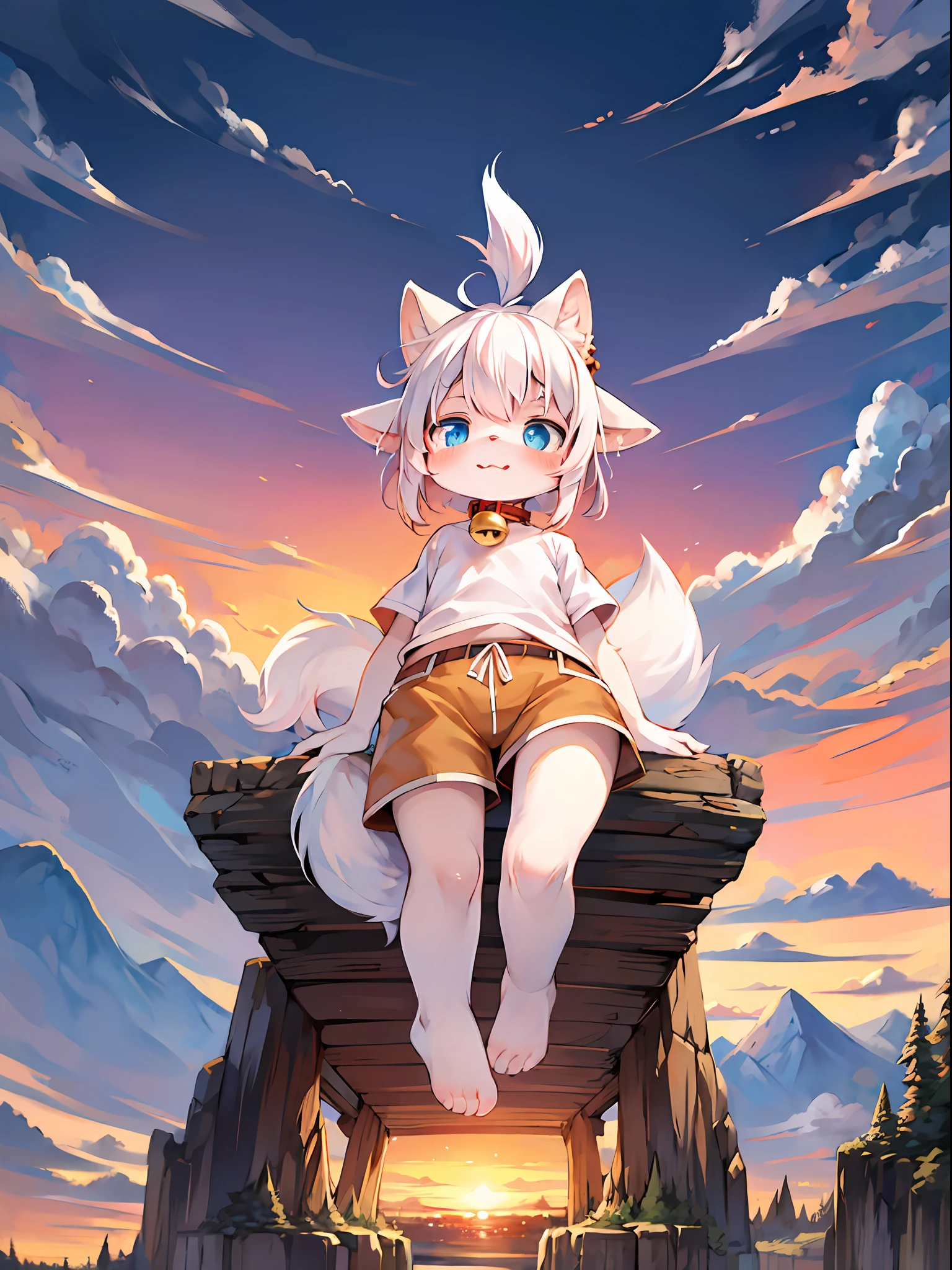 masterpiece,High quality,Ridiculous resolution,Digital painting\(artwork\),by dagasi, yupa,kiyosan,(Fluffy fur,White fur,Full body fur,),boy,blue eyes,White hair,Fox tail,shorts,Barefoot,Bright eyes,panorama,Character focus。Detailed background,Cloud background,twilight,sunset(Bell,Pet collars,White short sleeves:1.2)
