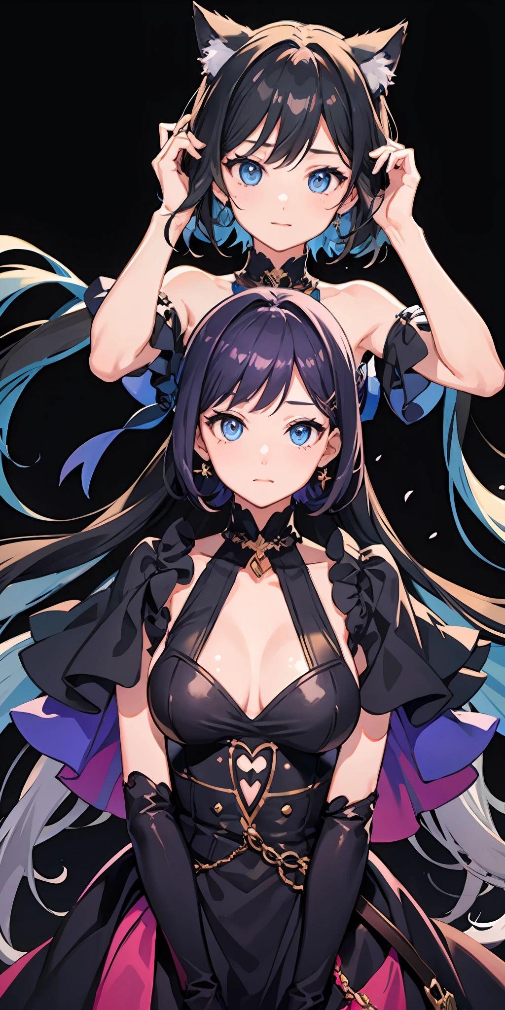 2girl simple background、and {{masterpeace}}, short wavy hair, navy hair, black cat ear, Blue eyes,idol costume、and {{masterpeace}}, {{{top quality}}}, {{ultra detailed}}, {{illustration}}, {{{1girl}}}, short hair,Purple eyes,Black hair,idol costume、