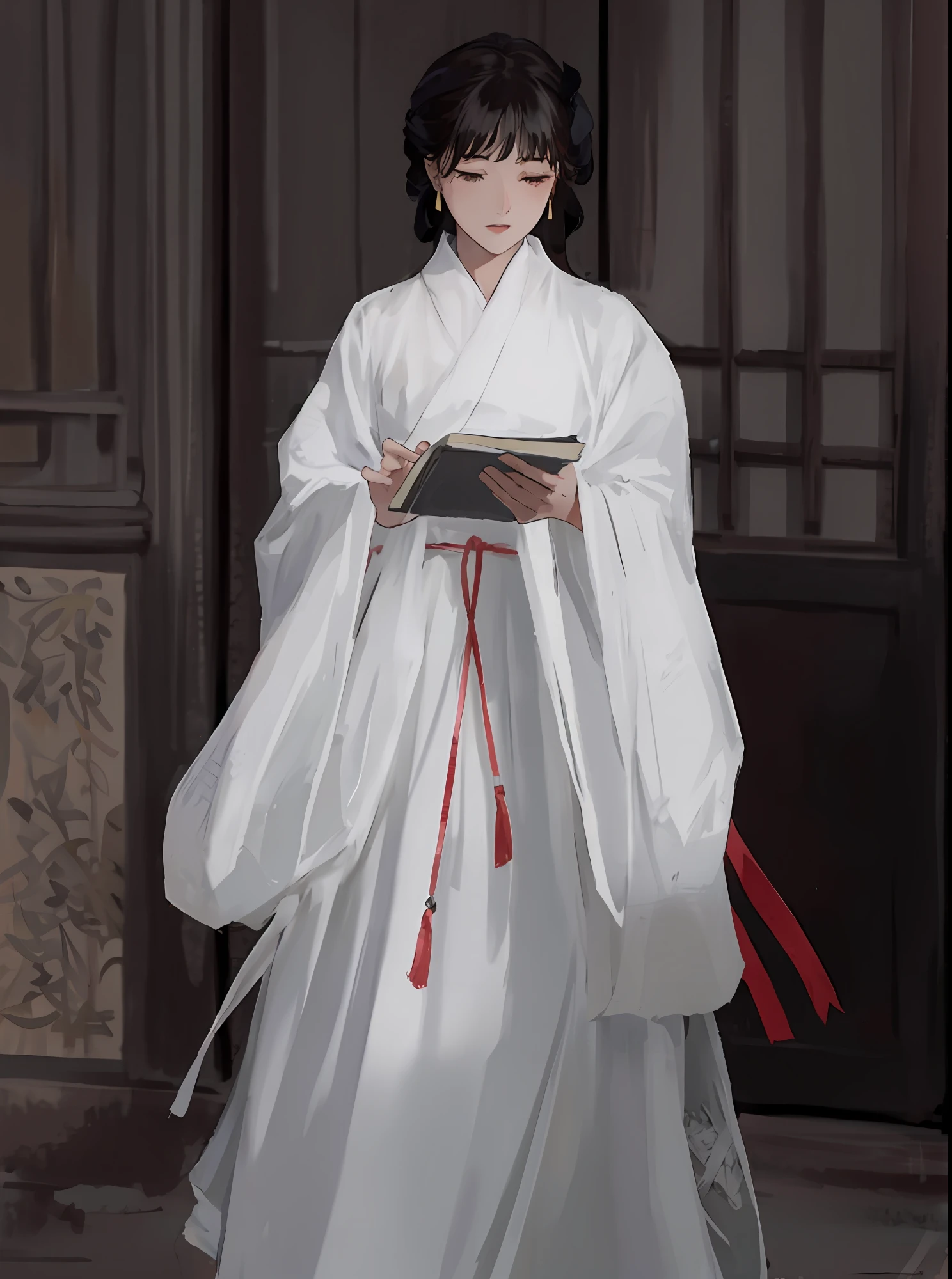 arafed woman in a white dress holding a book, white hanfu, flowing white robes, Hanfu, flowing white robes, palace ， a girl in hanfu, Flowing robes, wearing flowing robes, flowing magical robe, flowing hair and long robes, white daoist robes, ancient white dress, wearing ancient chinese clothes, traditional chinese clothing