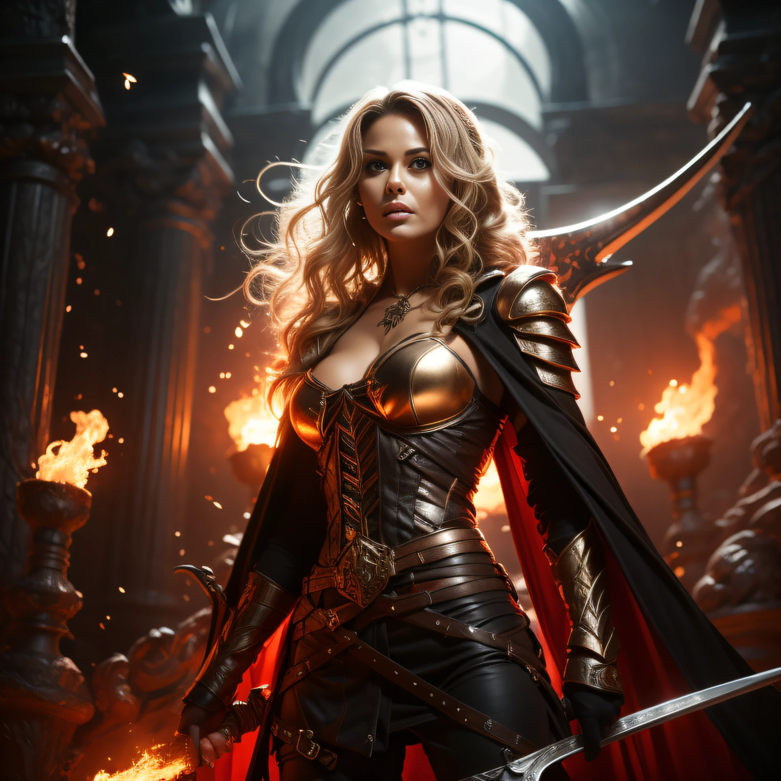 Huge flaming Scythe, super powerful Goddess of Death coming out of the dark temple, behind is meteor magic around the body, Gothic style, gorgeous red gold armor, rich background, sword art background, film shooting, depth of field, super visual, super vision--style expressive，it's realistic, it's super high-resolution