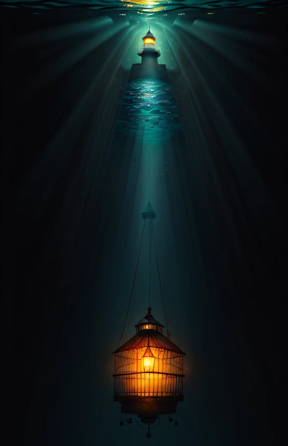 painting of a bird cage with a lighthouse in the middle of it, the stars are fish in the depths, [ conceptual art ]!!, clematis in the deep sea, watercolor painting underwater, underwater ink env, suspended underwater, underwater looking up, underwater scene, underwater market, undersea, under water visual distortion, under the ocean, dreamlike digital painting