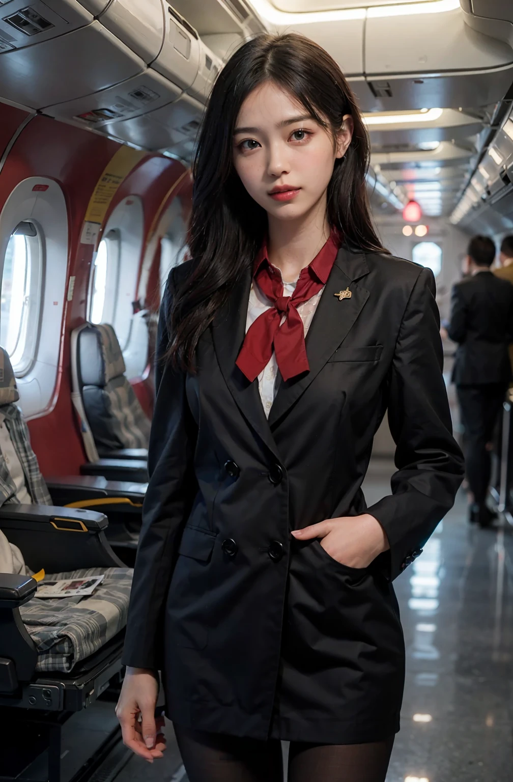 (best quality), (masterpiece), (8k), (photorealistic:1.4), highly detailed, intricate detail, delicate and beautiful, good lighting, professional lighting, sharp focus, detailed shadows, exquisite details and textures, depth of field, unity 8k wallpaper, cinematic composition, cinematic lighting, official art, Cabin Crew, flight attendant, black pantyhose, (aircraft, (Aircraft Corridor), Aircraft seats) beautiful elegant face, detailed face, detailed eyes, realistic hair, detailed skin texture, (detailed pantyhose texture: 1.2), (1girl), (standing:1.3), (looks like a real photo: 3)