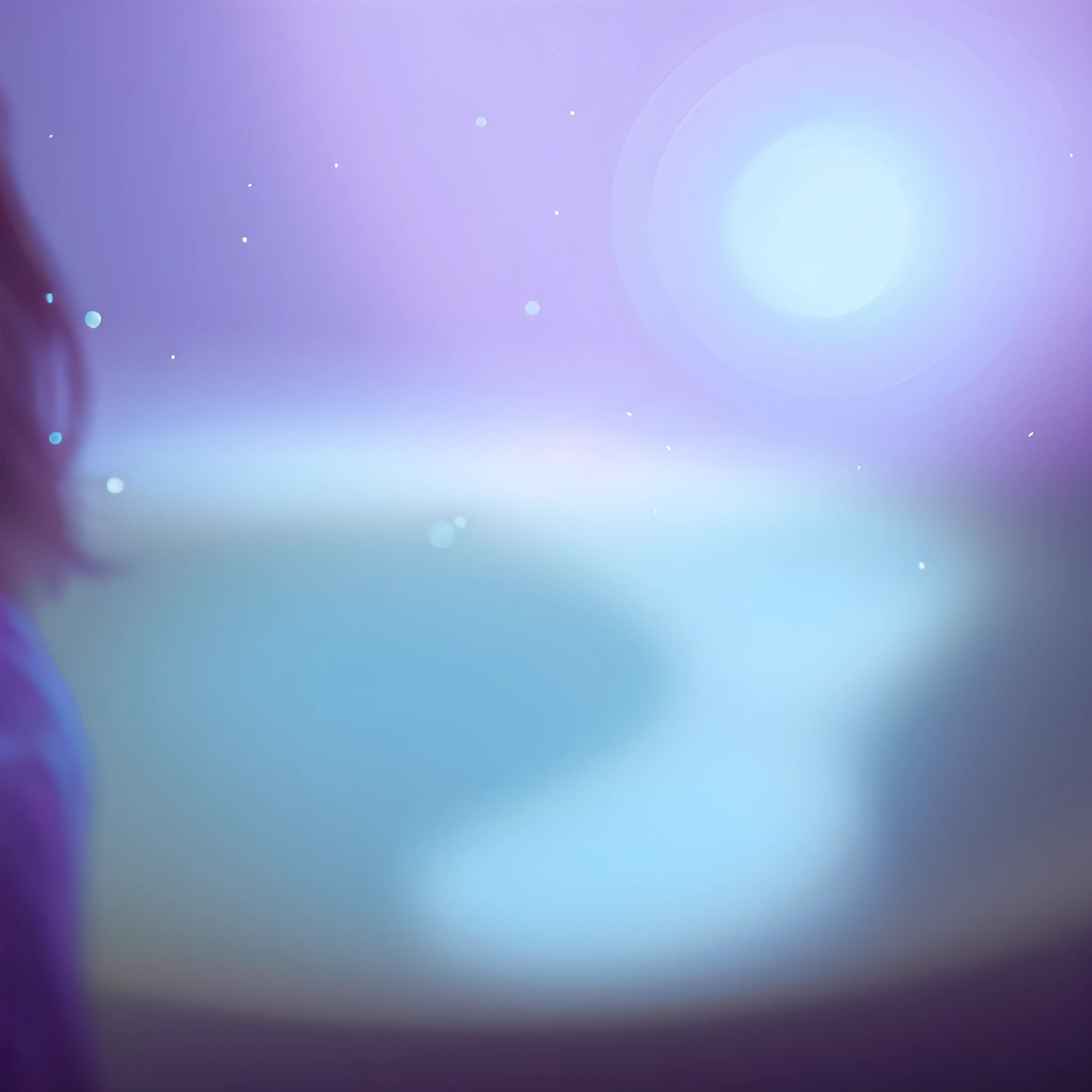 there is a woman standing in front of a body of water, calm night. digital illustration, blurry and dreamy illustration, blurry and dreamy illustration, purplish space in background, girl looks at the space, ethereal background, background artwork, background art, some background blur, twilight ; Digital painting, endless cosmos in the background, soft purple glow, soft digital painting