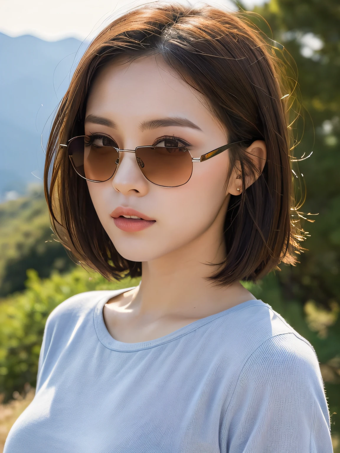 ((Best quality,8K,master masterpiece:1.3)), 1girl, full body, Slim face, Beautiful woman, (Short dark brown hair), Long top, Super detailed face, Detailed eyes, Back,Walking on the side of the mountain with sunglasses and looking at the mountains in the distance, Blur the background, Slim face, Big mountains,sunrise,