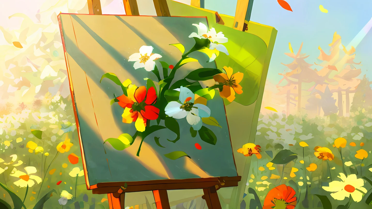 garden,An easel,canvas,Flowers grow out,Features,safflower,High-precision illustration,Sunlight