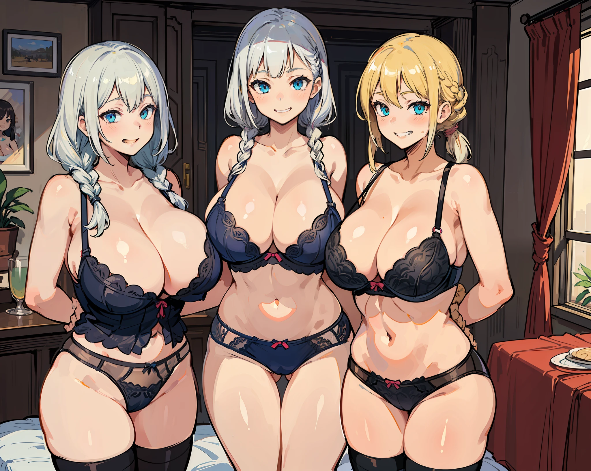 (masterpiece), Top Quality, ((3 girls, group photo)), Beautiful body, ((Huge breasts),(Huge breasts),(Saop))))), Blonde hair, Silver hair, Twin tails, Braids, Eyes hidden by hair, ((Slouch)), ((grinning face))),(Hands behind back), ((Sexy underwear)), (Bedroom),