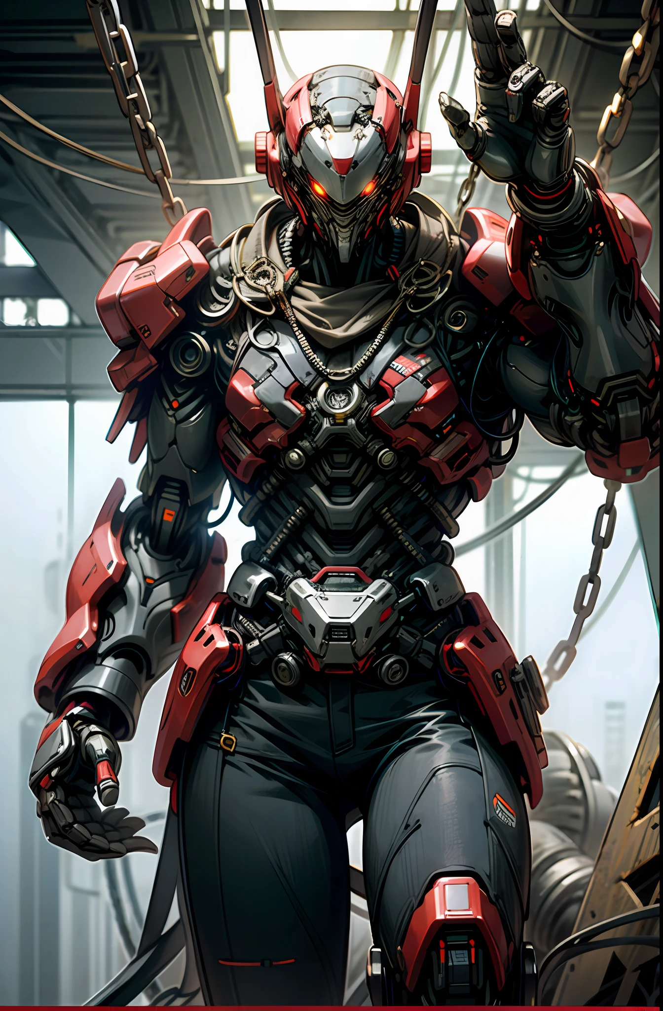 Dark_Fantasy,Cyberpunk,(chain saw,chain saw man,Red:1.1),1man,Mechanical marvel,Robotic presence,Cybernetic guardian,
