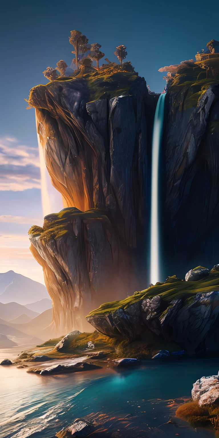 Masterpiece, best quality, high quality, extremely detailed CG unity 8k wallpaper, landscape, outdoor, sky, cloud, sky, no humans, mountain, landscape, water, tree, blue sky, waterfall, cliff, nature, lake, river , cloudy skies, award winning photography, bokeh, depth of field, HDR, bloom, chromatic aberration, photorealism, very detailed, trending on artstation, trending on CGsociety, intricate, high detail, dramatic, midjourney art