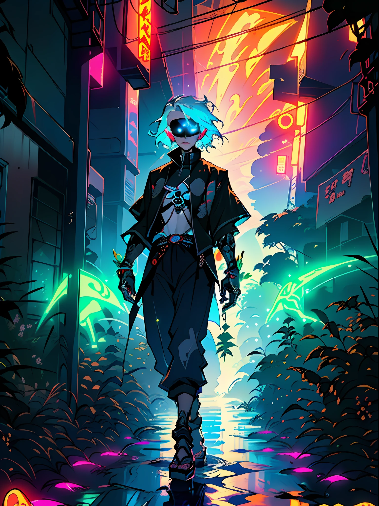 Skull Print, angel, wings, cloak, A futuristic world, Neon Phanari, neon trees,  bushes,  leaves,  neon fireworks, Neon City, neon lights, cute Sorceress, witch, dragon, Magic Items, The Elixir of Life, magic, Fruit anthropomorphic, in a jacket and with mechanical weapons, Pixar animation, Disney Animation, Cool, OC rendering, Ray Tracing, High Quality, High Detail, High Resolution, 8k; A reference to an animated film "Interstella 5555», Adventure Time, Bankai, Neon Rays, Spectral rays, The Galactic Cycle, water, Boho style, Fashionable, Cool