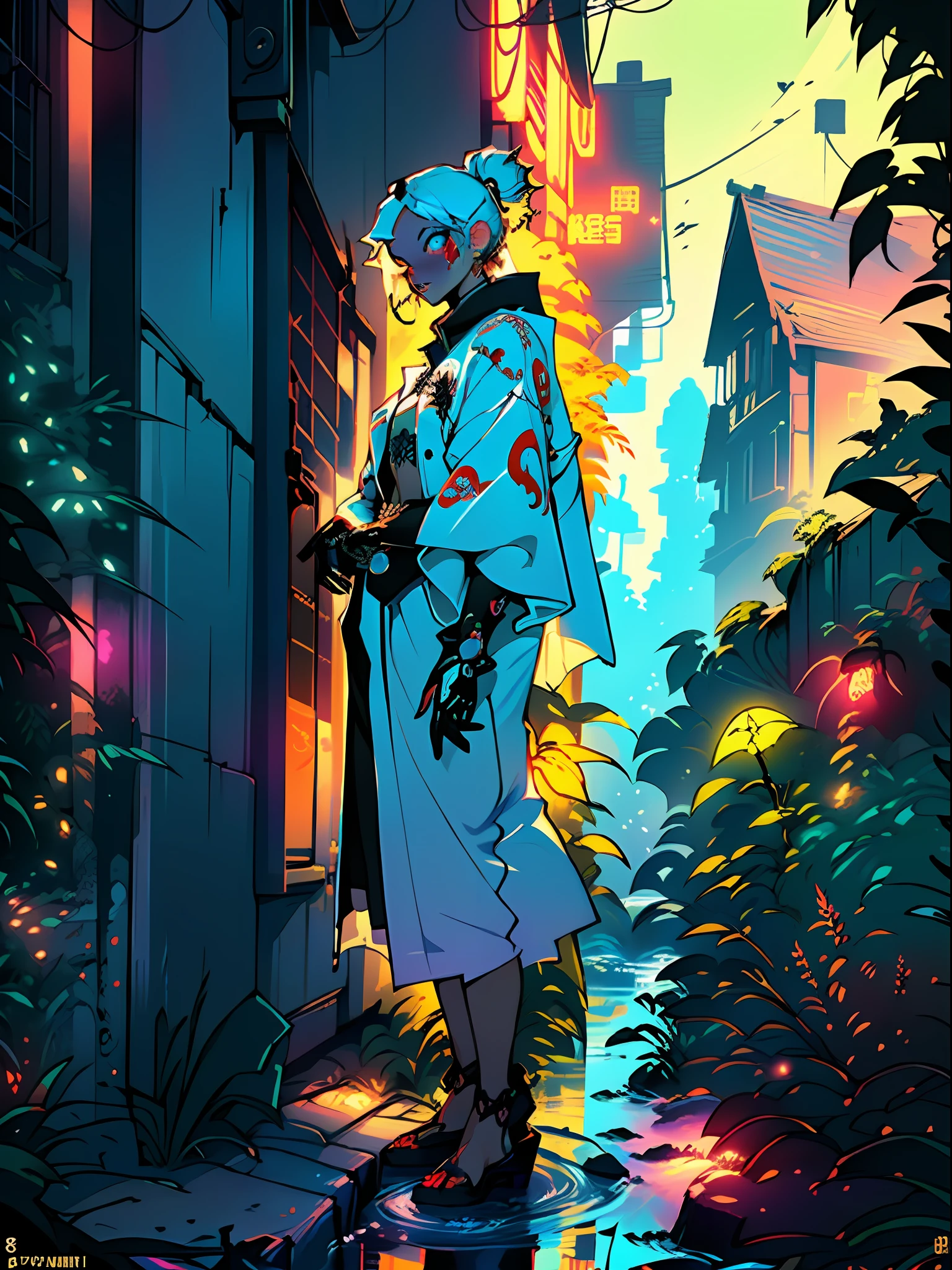Skull Print, angel, wings, cloak, A futuristic world, Neon Phanari, neon trees, Cannabis bushes, Marijuana leaves, neon fireworks, Neon City, neon lights, cute Sorceress, witch, dragon, Magic Items, The Elixir of Life, magic, Fruit anthropomorphic, in a jacket and with mechanical weapons, Pixar animation, Disney Animation, Cool, OC rendering, Ray Tracing, High Quality, High Detail, High Resolution, 8k; A reference to an animated film "Interstella 5555», Adventure Time, Bankai, Neon Rays, Spectral rays, The Galactic Cycle, water, Boho style, Fashionable, Cool