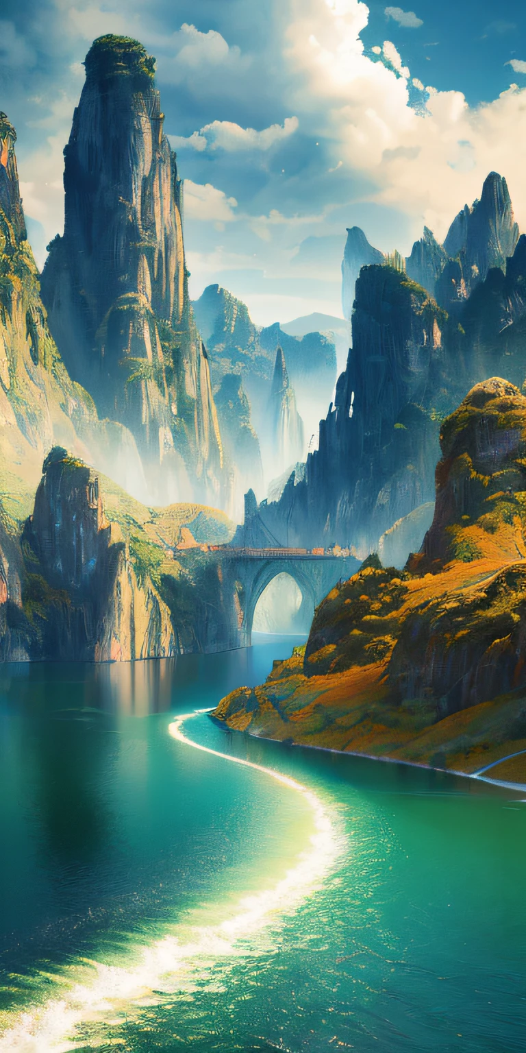 Masterpiece, best quality, high quality, extremely detailed CG unity 8k wallpaper, landscape, outdoor, sky, cloud, sky, no humans, mountain, landscape, water, tree, blue sky, waterfall, cliff, nature, lake, river , cloudy skies, award winning photography, bokeh, depth of field, HDR, bloom, chromatic aberration, photorealism, very detailed, trending on artstation, trending on CGsociety, intricate, high detail, dramatic, midjourney art